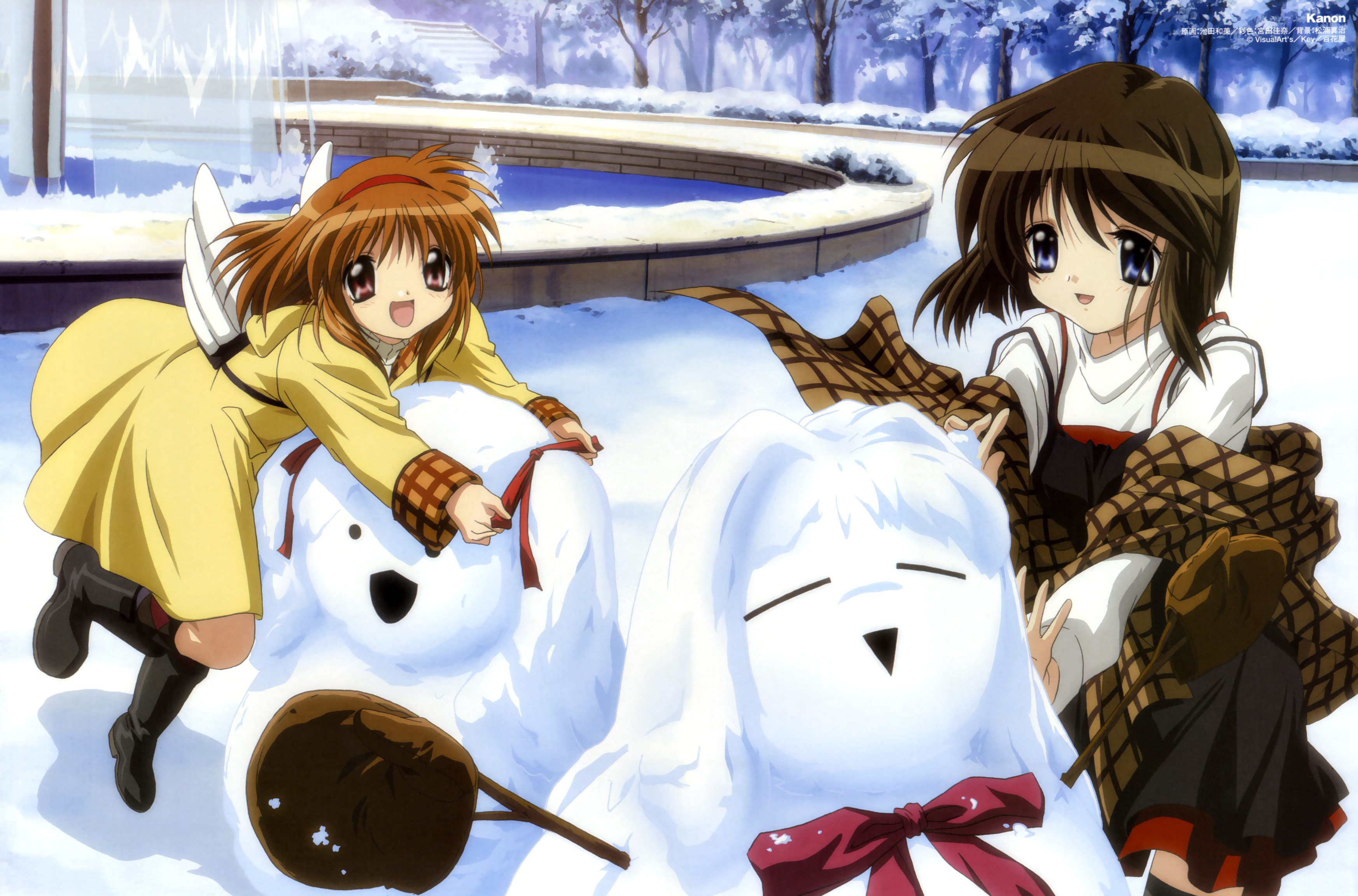 misaka kaori, misaka shiori, sawatari makoto, tsukimiya ayu, kanon, absurdres, highres, 2girls, blue eyes, boots, brown hair, coat, hair ribbon, hairband, multiple girls, pink eyes, ribbon, shawl, short hair, snow, snowman, thighhighs, wings, zettai ryouiki