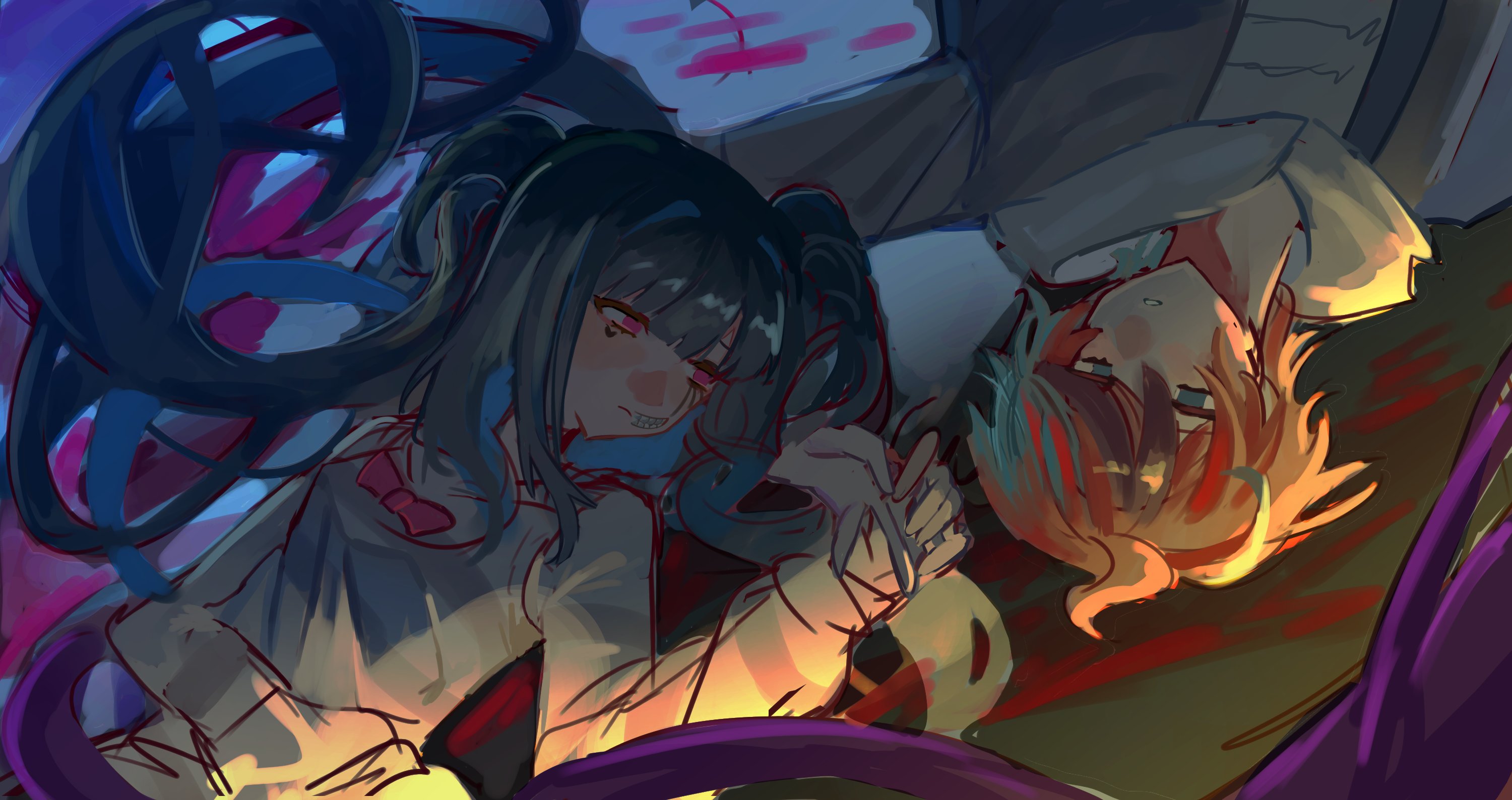 amemiya darumi, sumino takumi, the hundred line -last defense academy-, 1boy, 1girl, blood, blue eyes, blue hair, bow, grey jacket, holding hands, hoodie, jacket, long sleeves, looking at viewer, on floor, otomegmefoxy, pink eyes, red hair, short hair, twintails, white hoodie
