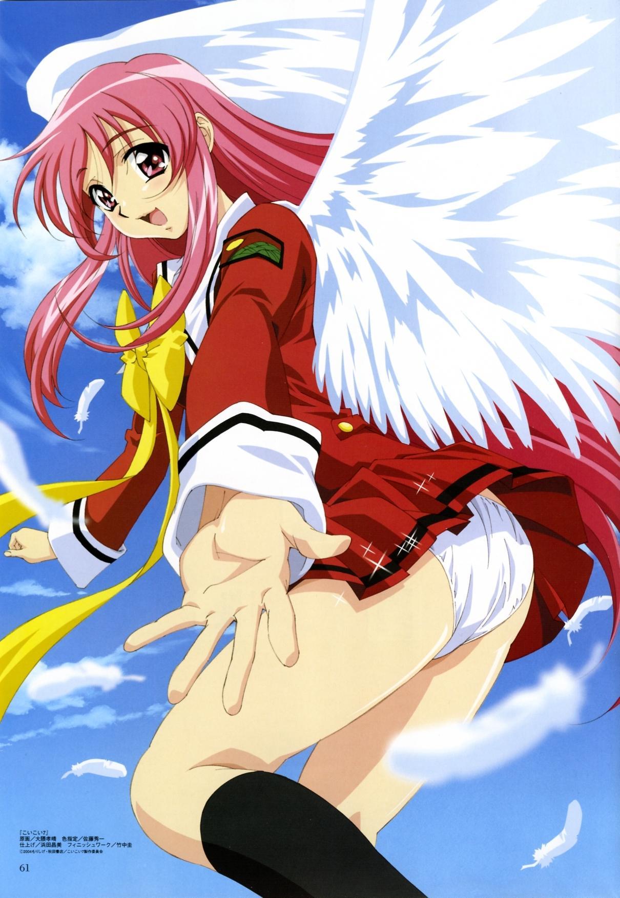 megami magazine, highres, angel wings, black socks, blue sky, bow, buttons, cloud, feathers, flying, from below, jacket, japanese text, kneehighs, koikoi 7, long hair, looking at viewer, looking to the side, numbered, open mouth, panties, pantyshot, patch, pink eyes, pink hair, reaching, reaching towards viewer, red jacket, red skirt, skirt, sky, socks, sparkle, underwear, white panties, white wings, wings, yellow bow
