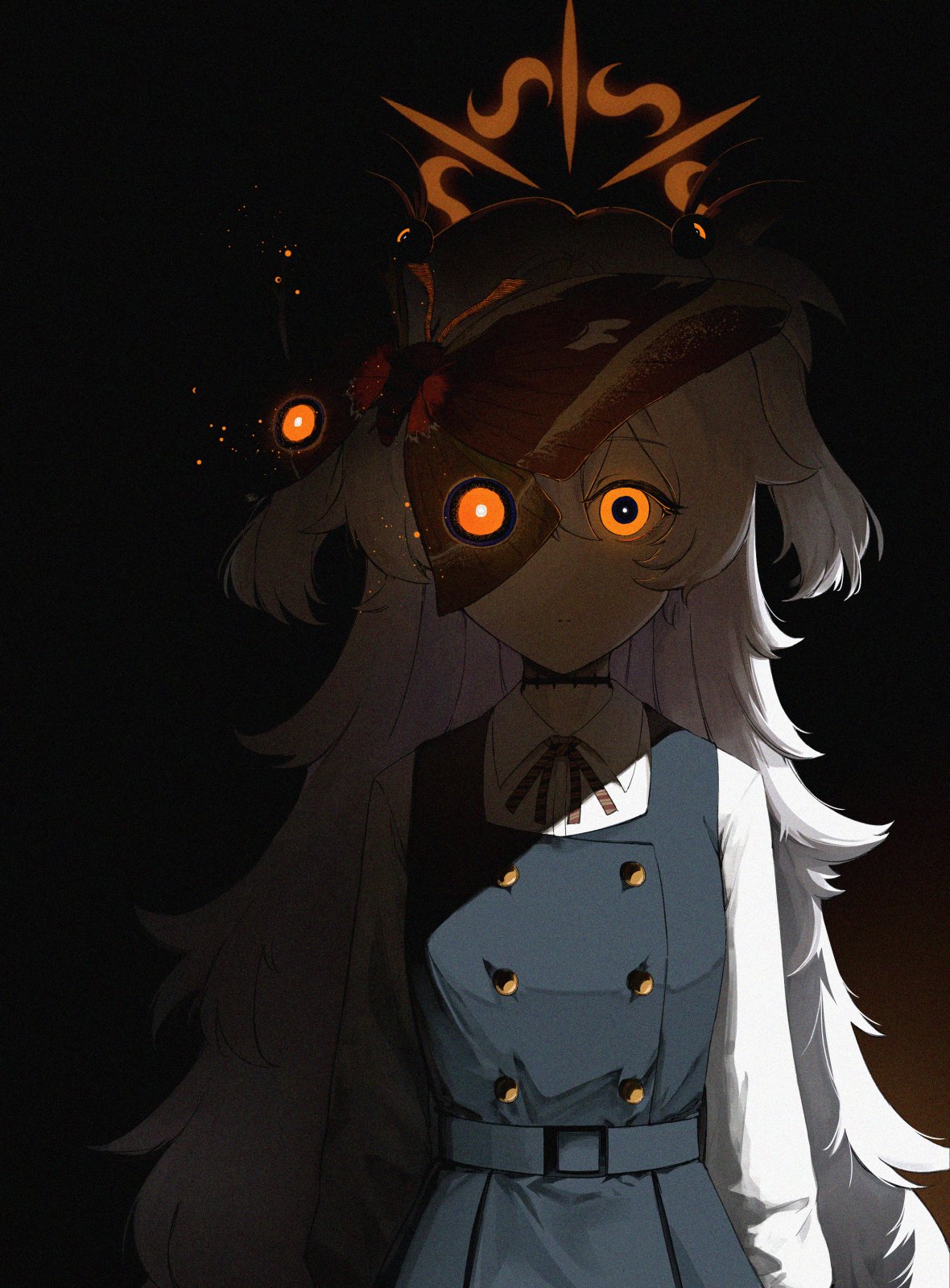 kanoe (blue archive), blue archive, commentary, highres, 1girl, arms at sides, black background, black dress, breasts, bright pupils, bug, buttons, collared shirt, daresuki 05, dark, dated commentary, diagonal-striped ribbon, double-breasted, dress, expressionless, film grain, glowing, glowing eyes, glowing halo, gradient background, grey hair, hair over one eye, halo, heavy film grain, insect, long bangs, long hair, long sleeves, looking at viewer, messy hair, moth, orange background, orange eyes, orange halo, parted bangs, pinafore dress, puffy long sleeves, puffy sleeves, scar, scar on neck, shade, shirt, short twintails, sidelighting, sidelocks, sleeveless, sleeveless dress, small breasts, solo, sphere hair ornament, standing, staring, twintails, upper body, very long hair, white shirt