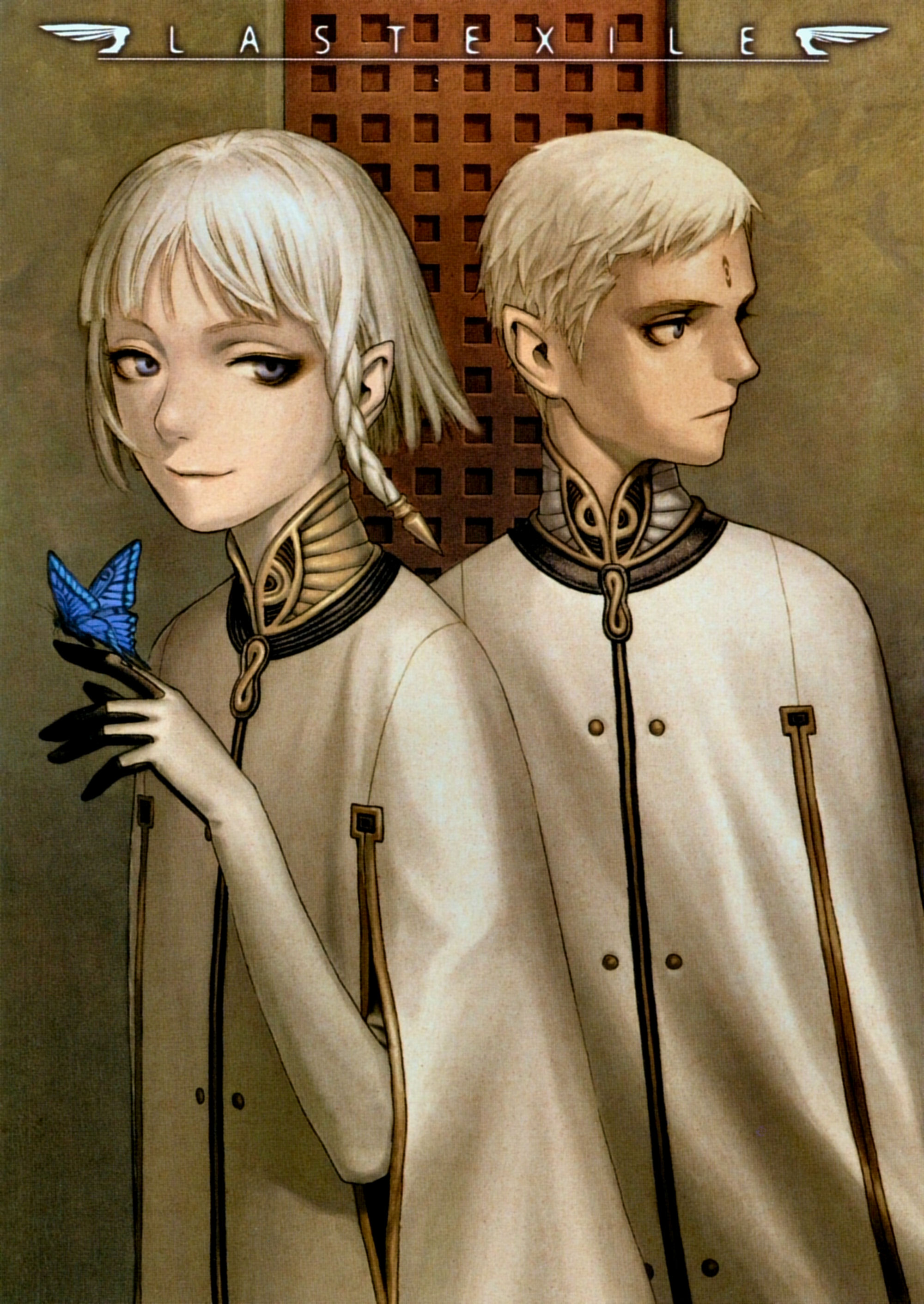 dio eraclea, lucciola, last exile, absurdres, highres, official art, 00s, 2boys, arm slit cape, blue butterfly, braid, bug, butterfly, cape, copyright name, eyeshadow, facial mark, forehead mark, gloves, insect, makeup, male focus, multiple boys, pointy ears, red eyeshadow, short hair, single braid, white hair