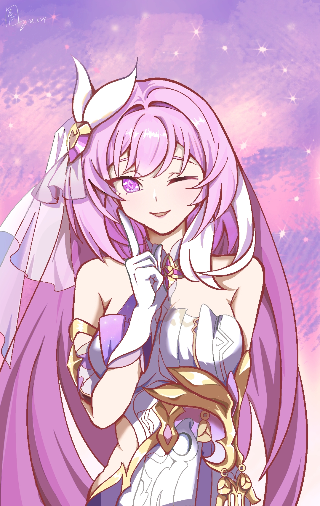 elysia (herrscher of human: ego) (honkai impact), elysia (honkai impact), honkai (series), honkai impact 3rd, chinese commentary, commentary request, highres, 1girl, ;), ao tuo gei wo ai cao, bare shoulders, black shorts, breasts, corset, dated, diamond-shaped pupils, diamond (shape), gloves, large breasts, long hair, miyoushe watermark, multicolored hair, one eye closed, pink hair, purple background, purple eyes, shorts, smile, solo, symbol-shaped pupils, triquetra, two-tone hair, very long hair, watermark, white corset, white gloves, white hair