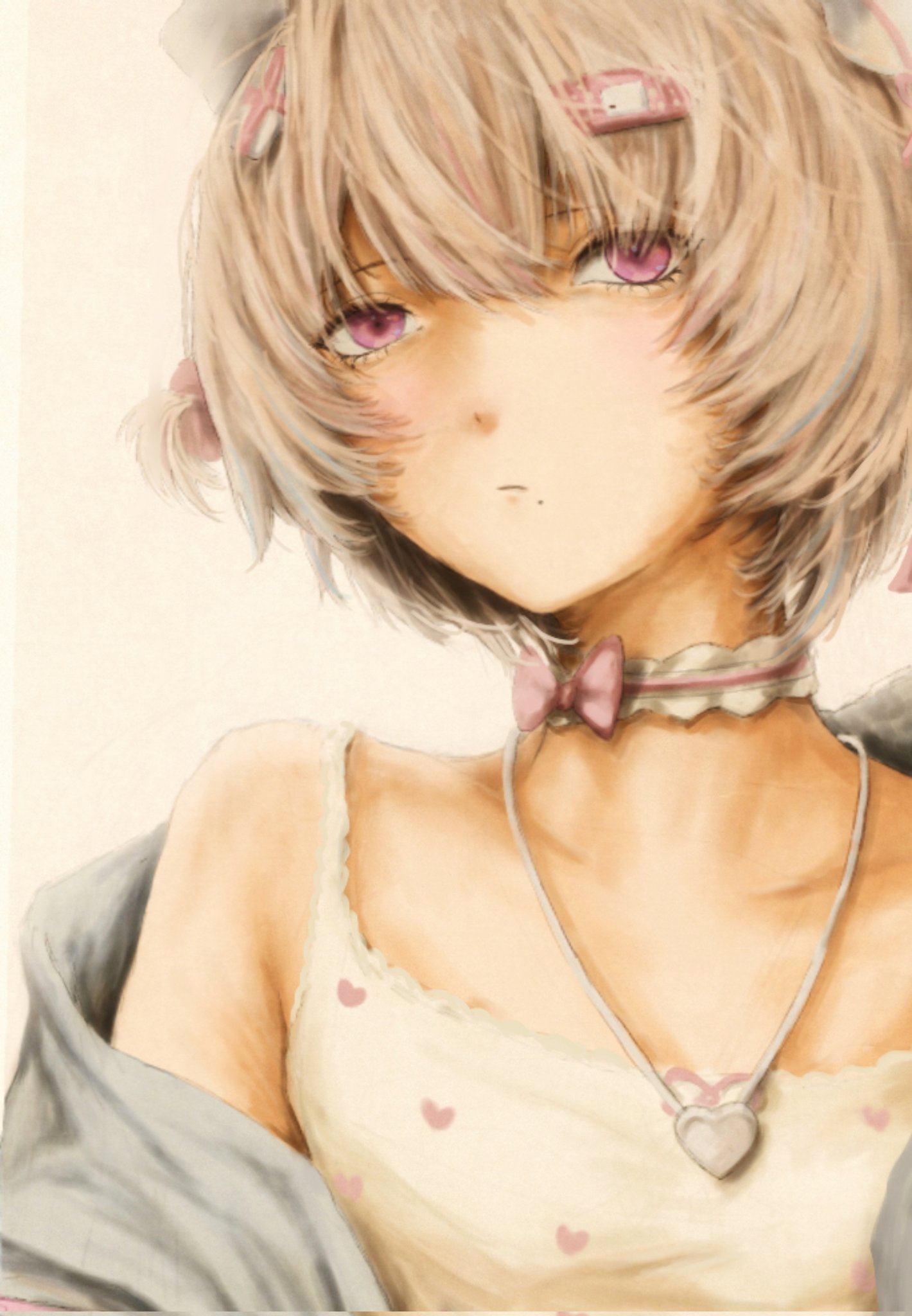 ranm12s, original, commission, highres, 1girl, bandaid, bandaid on head, bare shoulders, choker, closed mouth, heart, heart necklace, jewelry, looking at viewer, necklace, off shoulder, pink eyes, shirt, sleeveless, sleeveless shirt, solo, upper body, white shirt