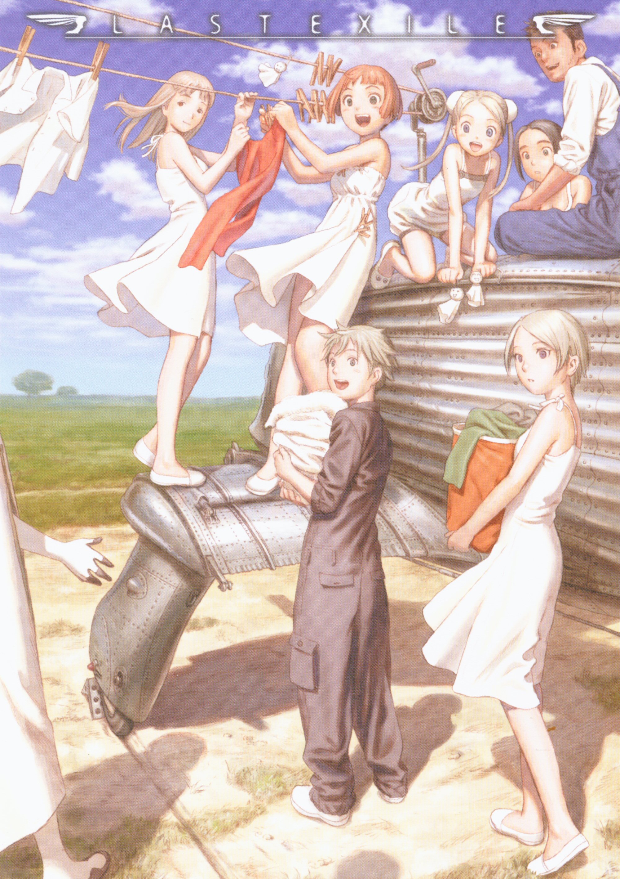 alister agrew, alvis hamilton, claus valca, dio eraclea, dunya scheer, lavie head, mullin shetland, tatiana wisla, last exile, absurdres, highres, 00s, 3boys, 5girls, multiple boys, multiple girls, outdoors, sky