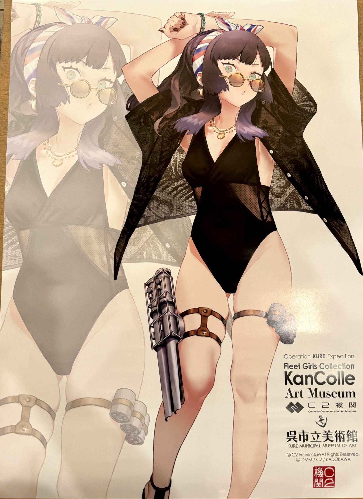 nipa (graf xsr900), mogador (kancolle), kantai collection, commentary request, highres, translation request, 1girl, :o, alternate costume, arm above head, armpit peek, black one-piece swimsuit, black shirt, blue eyes, bracelet, breasts, brown background, brown hair, collarbone, depth charge, english text, gluteal fold, hair ribbon, jewelry, lace, lace-trimmed shirt, lace trim, looking at viewer, medium breasts, medium hair, nail polish, necklace, one-piece swimsuit, ribbon, rigging, shirt, skindentation, solo, sun, swimsuit, swimsuit under clothes, thigh strap, torpedo tubes, zoom layer