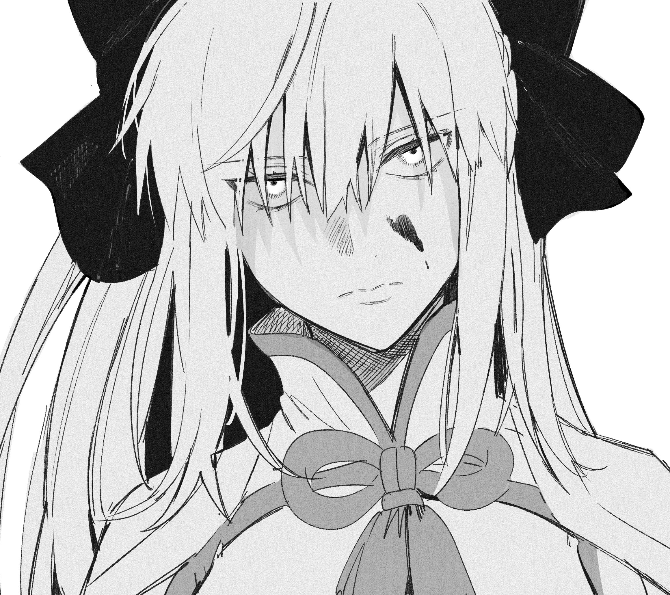 ryousuke (tukr5384), morgan le fay (fate), morgan le fay (first ascension) (fate), fate/grand order, fate (series), highres, 1girl, black bow, blood, blood on face, bow, braid, hair between eyes, hair bow, half up braid, long hair, looking at viewer, monochrome, ponytail, simple background, solo, staring