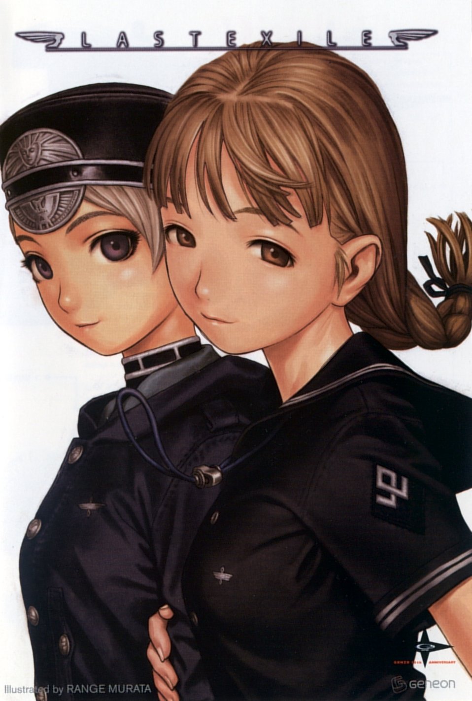 murata range, alister agrew, tatiana wisla, last exile, highres, official art, scan, 00s, 2girls, artist name, braid, brown eyes, brown hair, english text, female focus, from side, hat, looking at viewer, military, military uniform, multiple girls, short hair, short sleeves, simple background, smile, upper body, white background, white hair, yuri