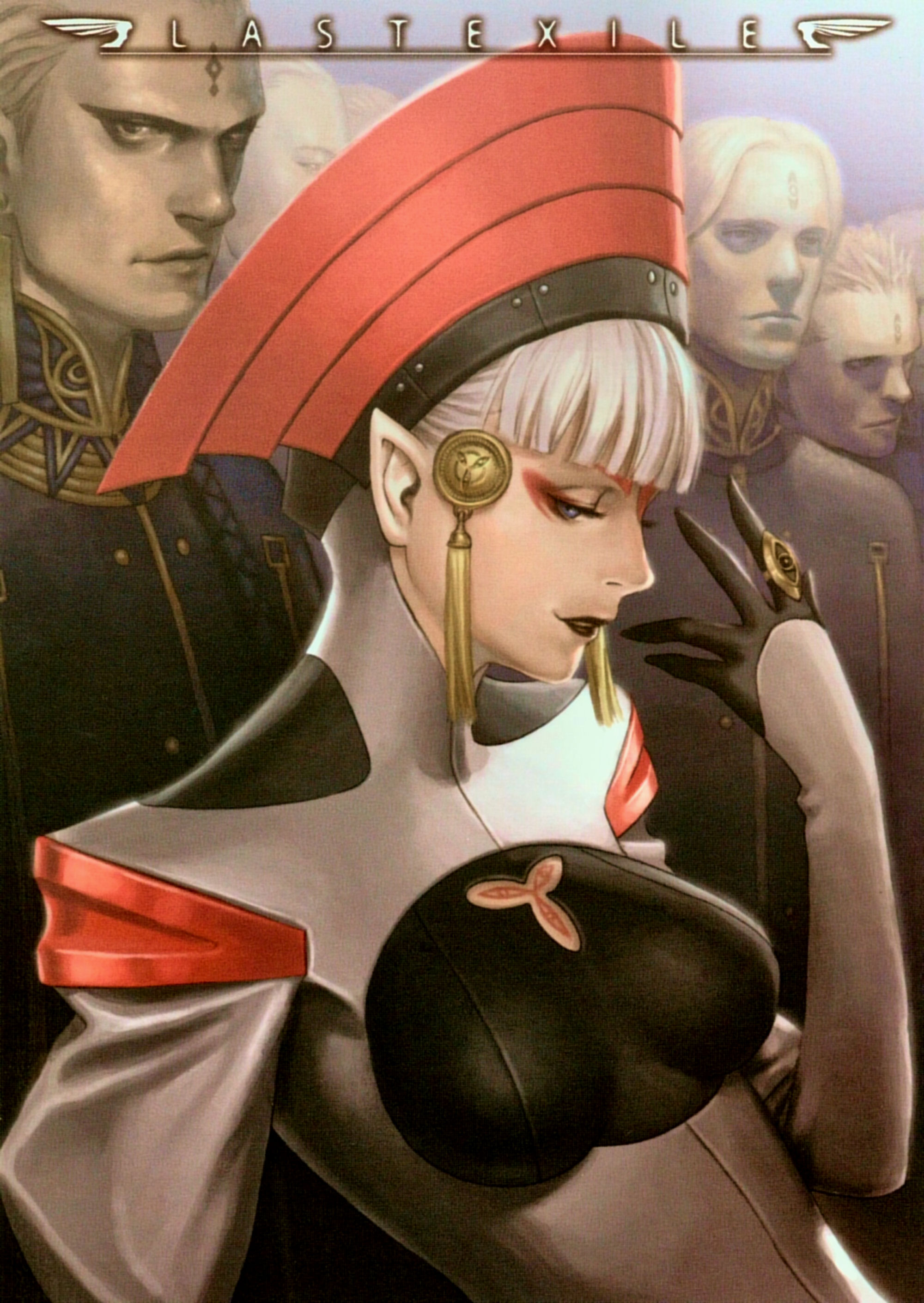 cicada (last exile), maestro delphine eraclea, last exile, absurdres, highres, tagme, 00s, blue eyes, crown, elf, eyeshadow, jewelry, makeup, pointy ears, ring, tassel, white hair