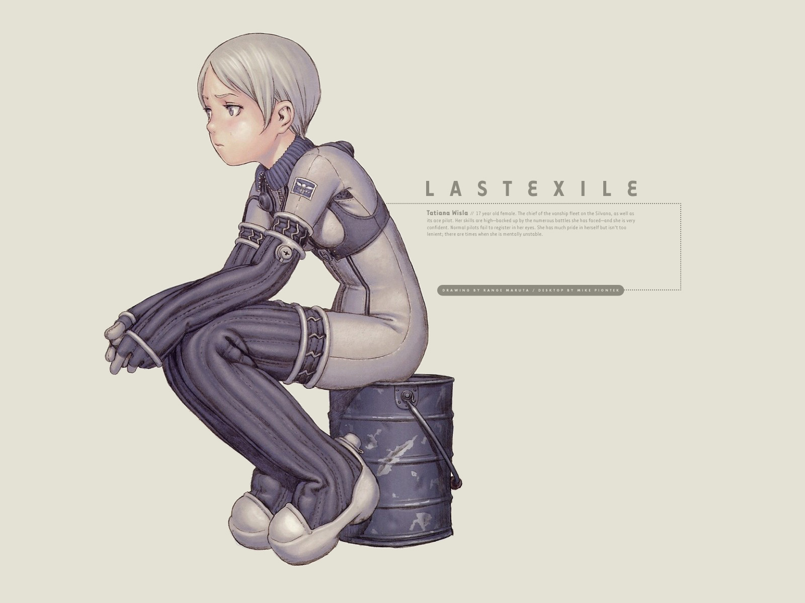 tatiana wisla, last exile, pilot suit, highres, tagme, 00s, grey eyes, short hair, sitting, white hair