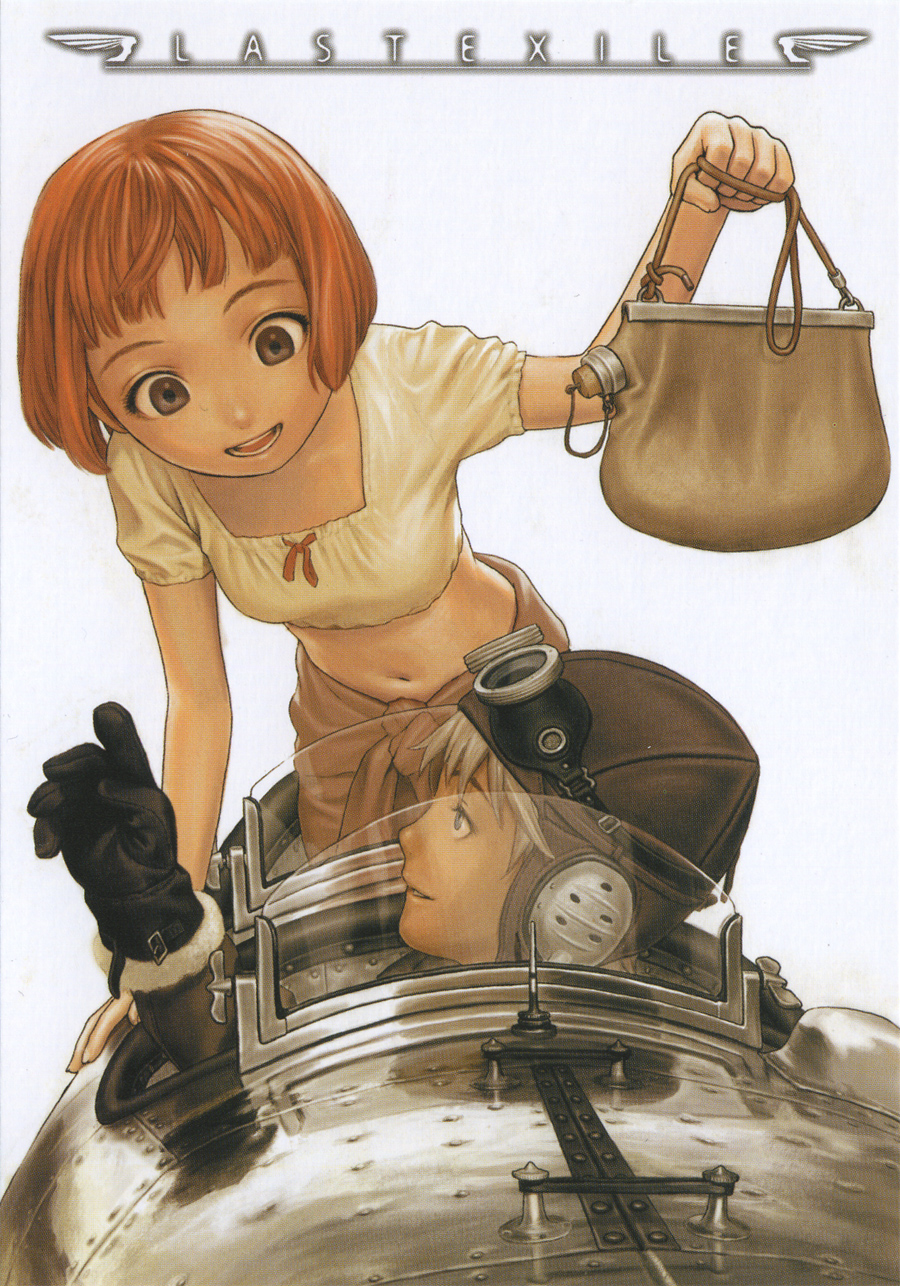 claus valca, lavie head, last exile, highres, 00s, 1boy, 1girl, breasts, copyright name, midriff, navel, small breasts