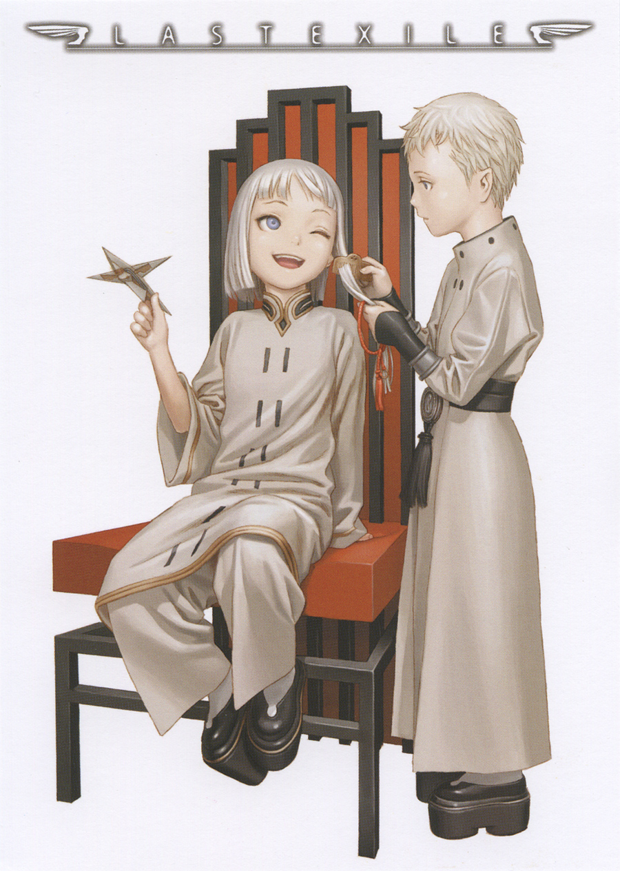 dio eraclea, lucciola, last exile, platform footwear, highres, 00s, 2boys, baggy pants, cable, chair, cloak, comb, copyright name, male focus, multiple boys, one eye closed, open mouth, paper airplane, pointy ears, sitting, smile, tassel, white hair
