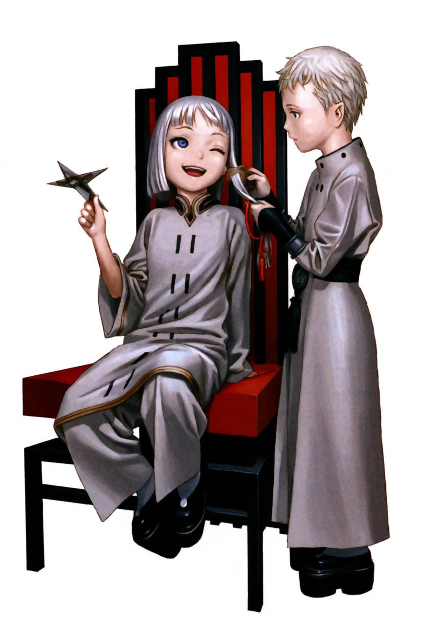 dio eraclea, lucciola, last exile, highres, 00s, 2boys, blue eyes, braiding, chair, child, comb, male focus, model airplane, multiple boys, one eye closed, red upholstery, robe, white hair