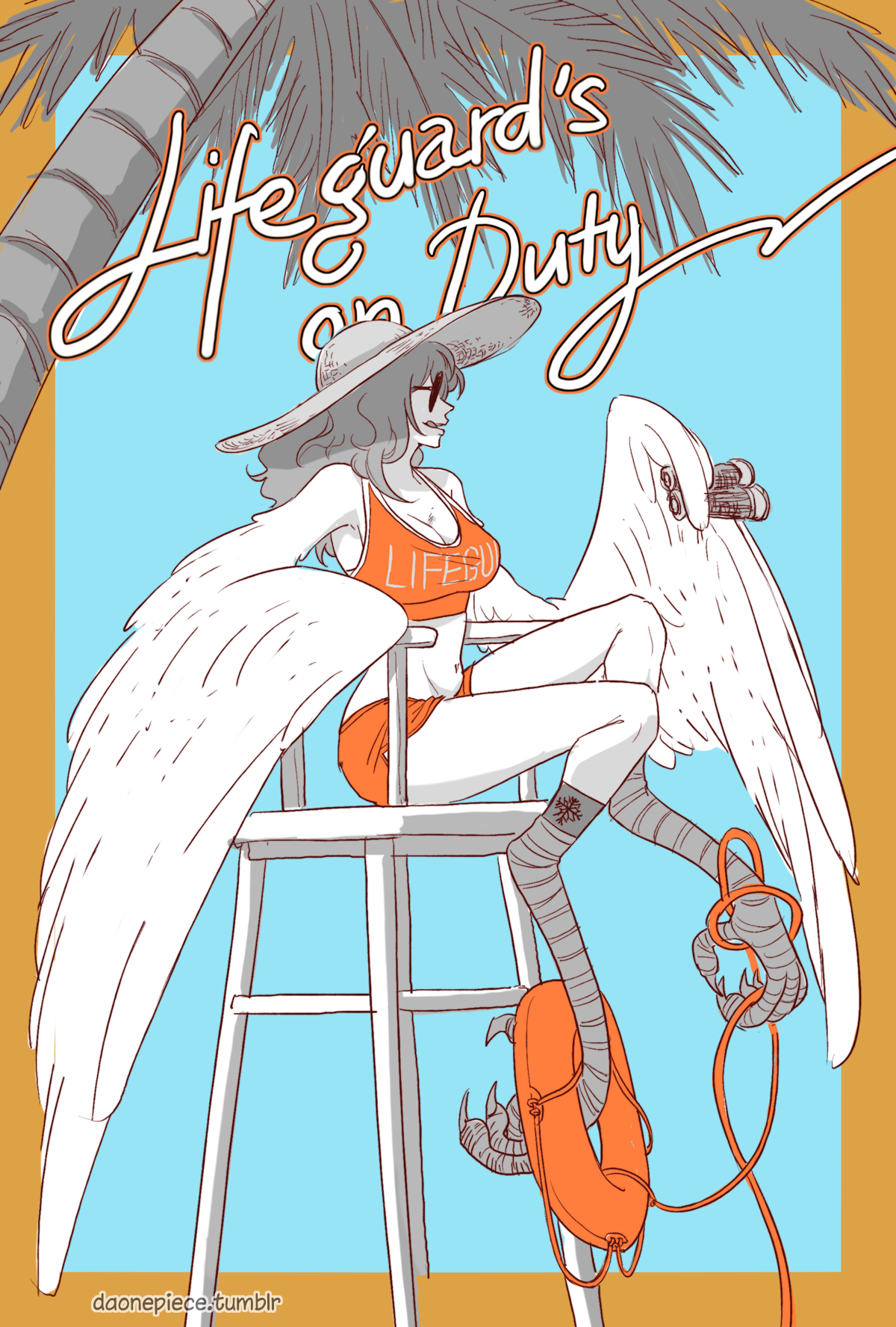 daonepiece, monet (one piece), one piece, highres, 1girl, binoculars, breasts, cleavage, clothes writing, english text, harpy, hat, holding, holding binoculars, holding swim ring, innertube, legband, licking lips, lifeguard, lifeguard tower, long hair, micro shorts, monster girl, orange shorts, orange tank top, palm tree, round eyewear, shorts, sitting, smile, straw hat, swim ring, tank top, tongue, tongue out, tree, winged arms, wings