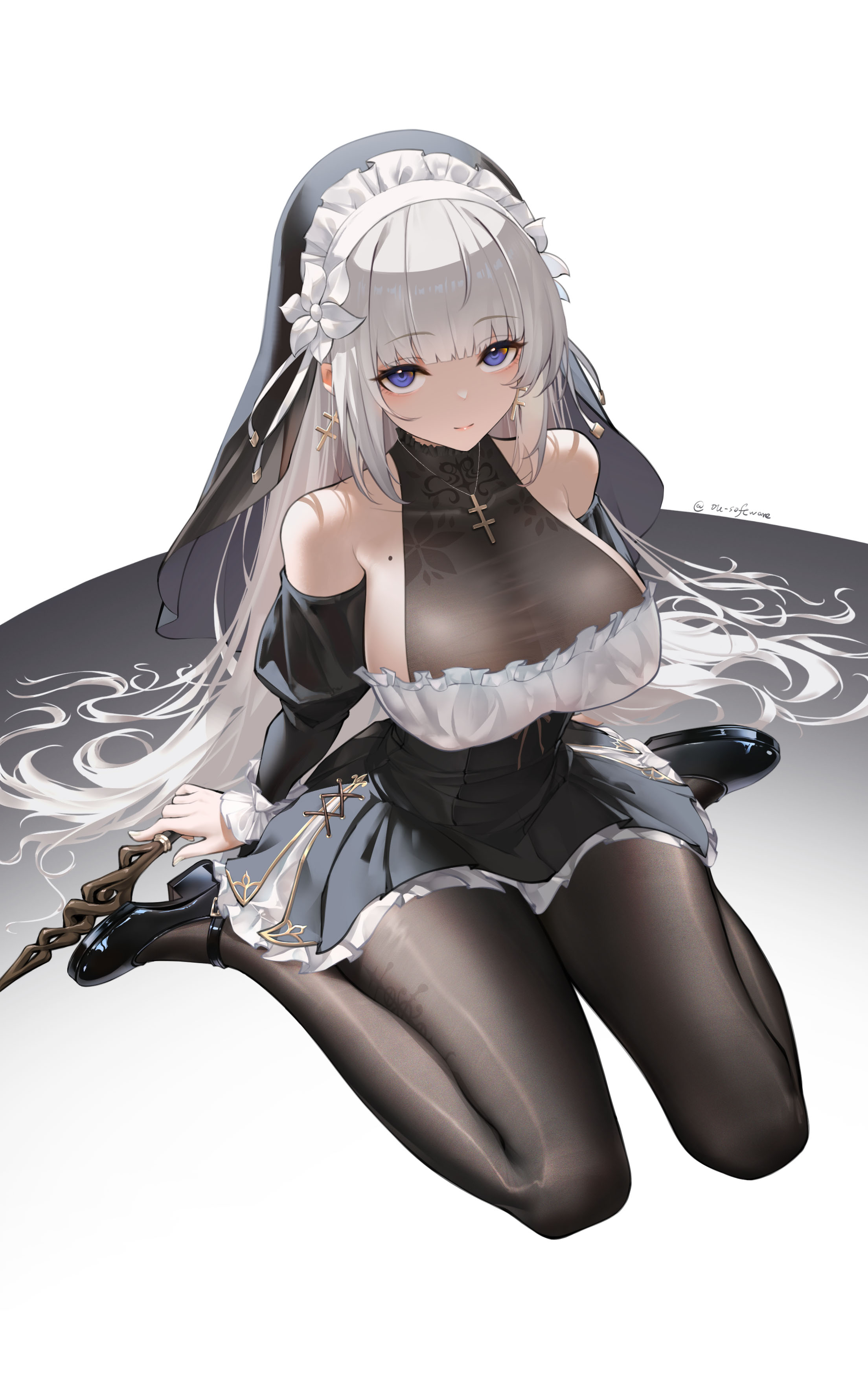 huang (pixiv3580877), black bodystocking, absurdres, chinese commentary, highres, variant set, 1girl, bare shoulders, black dress, black shoes, bodystocking, breasts, cross, cross necklace, detached sleeves, dress, earrings, full body, jewelry, large breasts, lelia (sinisistar), long hair, looking at viewer, mole, mole on breast, necklace, nun, purple eyes, shoes, sideboob, simple background, sinisistar 2, solo, very long hair, white background, white hair