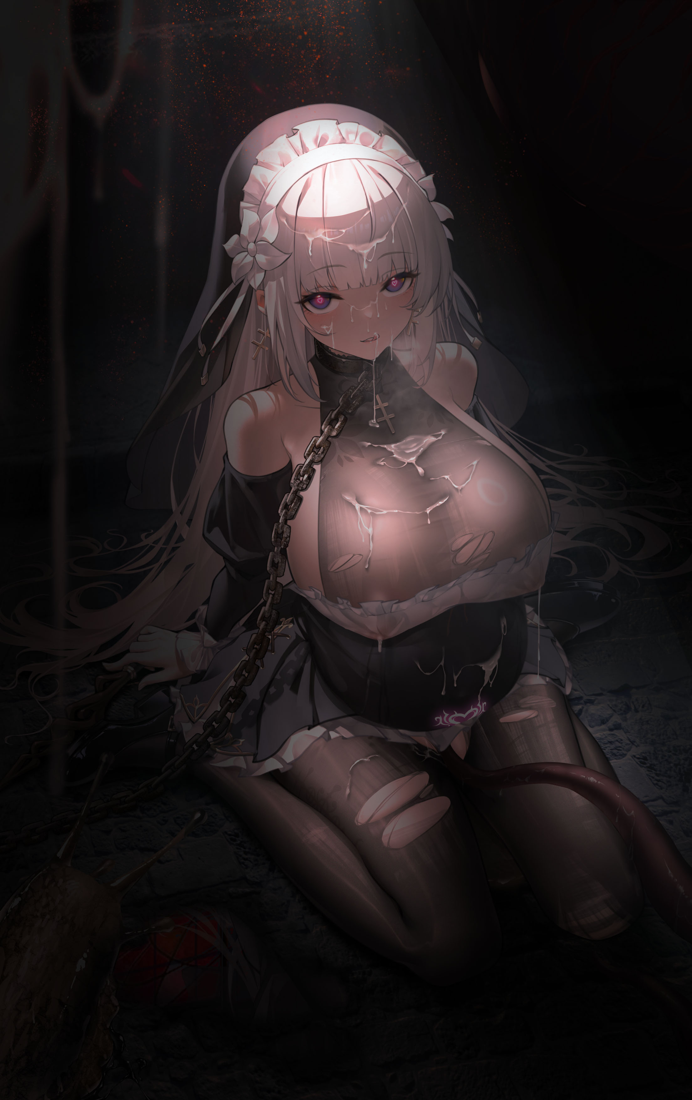 huang (pixiv3580877), black bodystocking, absurdres, chinese commentary, commentary request, highres, variant set, 1girl, bare shoulders, black dress, black shoes, bodystocking, breasts, chain, chain leash, chained, covered erect nipples, cross, cross necklace, cum, cum on body, cum on breasts, cum on hair, cum on upper body, detached sleeves, dress, earrings, facial, full body, glowing, glowing tattoo, heart, heart-shaped pupils, heart tattoo, jewelry, large breasts, leash, lelia (sinisistar), long hair, looking at viewer, mole, mole on breast, necklace, nun, pregnant, pubic tattoo, pubic tattoo through clothing, purple eyes, shoes, sideboob, sinisistar 2, solo, symbol-shaped pupils, tattoo, tentacles, torn bodystocking, torn clothes, very long hair, white hair