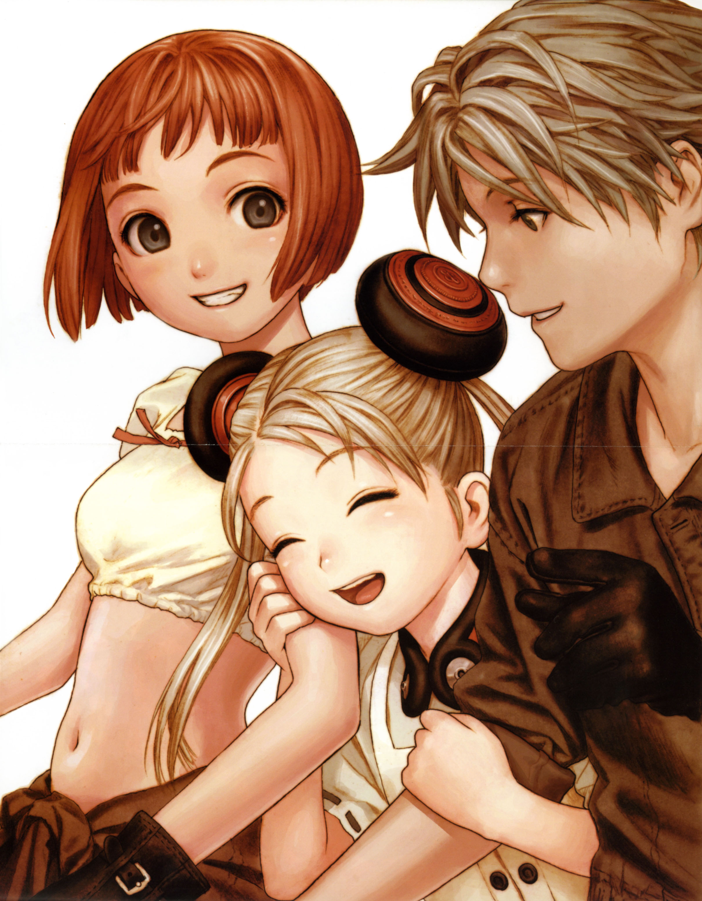 murata range, alvis hamilton, claus valca, lavie head, last exile, absurdres, highres, scan, 00s, 1boy, 2girls, blonde hair, blunt bangs, bob cut, bun cover, child, closed eyes, crop top, double bun, dress, gloves, grey eyes, grin, hair bun, hair ornament, midriff, multiple girls, navel, parted lips, red hair, short hair, smile, tank top