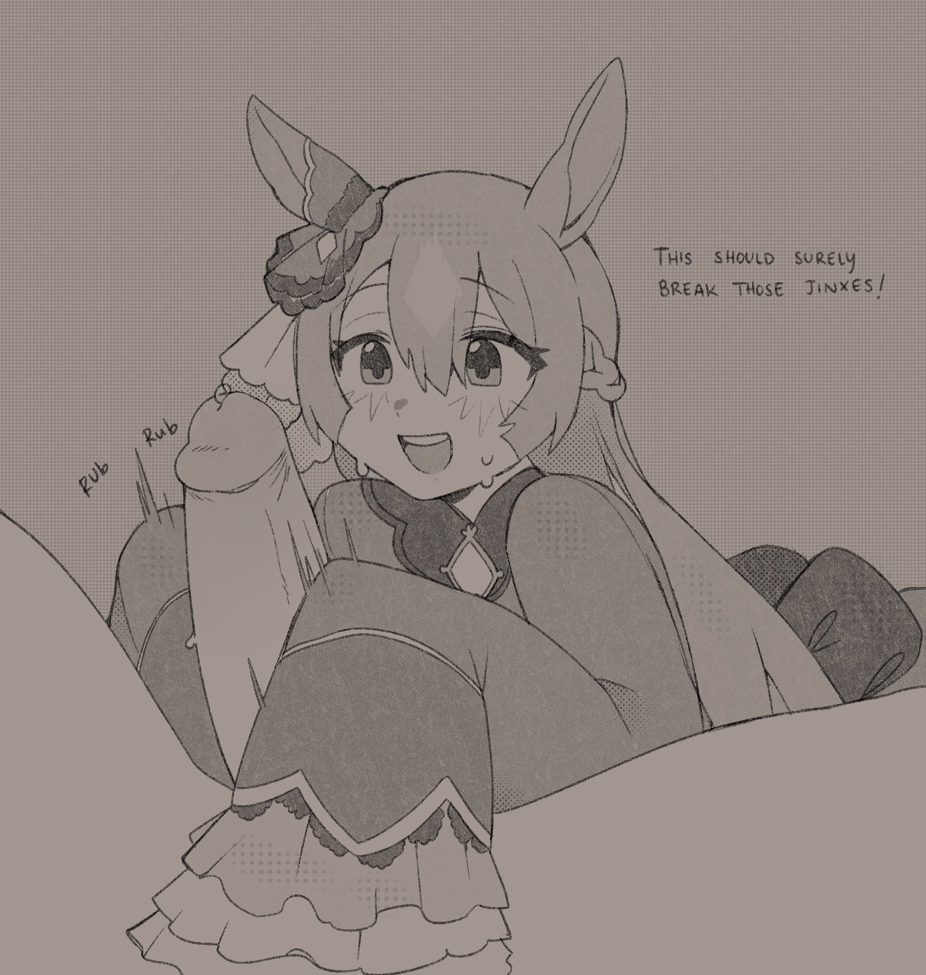 oniyanna, satono diamond (umamusume), umamusume, highres, 1boy, 1girl, :d, animal ears, blush, braid, greyscale, handjob, hetero, horse ears, horse girl, long hair, monochrome, open mouth, penis, pov, sleeves past fingers, sleeves past wrists, smile, sweat, uncensored