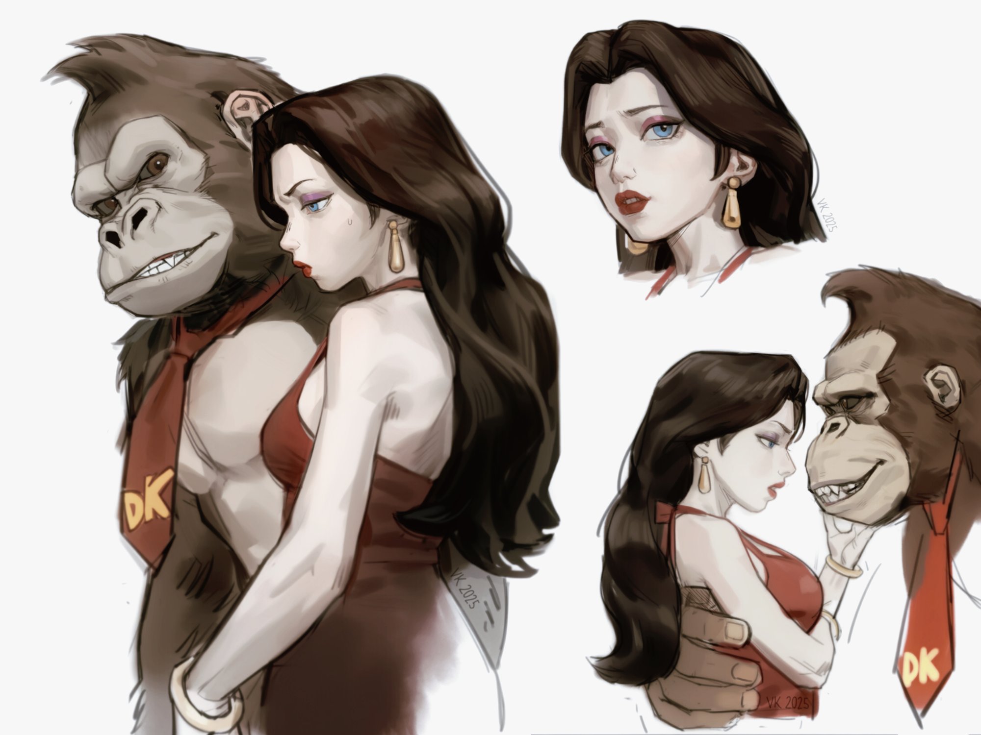 vankraut, pauline (mario), donkey kong (1981 game), donkey kong (series), nintendo, highres, 1boy, 1girl, blue eyes, bracelet, brown hair, dress, earrings, eyeshadow, from side, gorilla, hair intakes, jewelry, long hair, looking at another, makeup, necktie, purple eyeshadow, realistic, red dress, red lips, red necktie, simple background