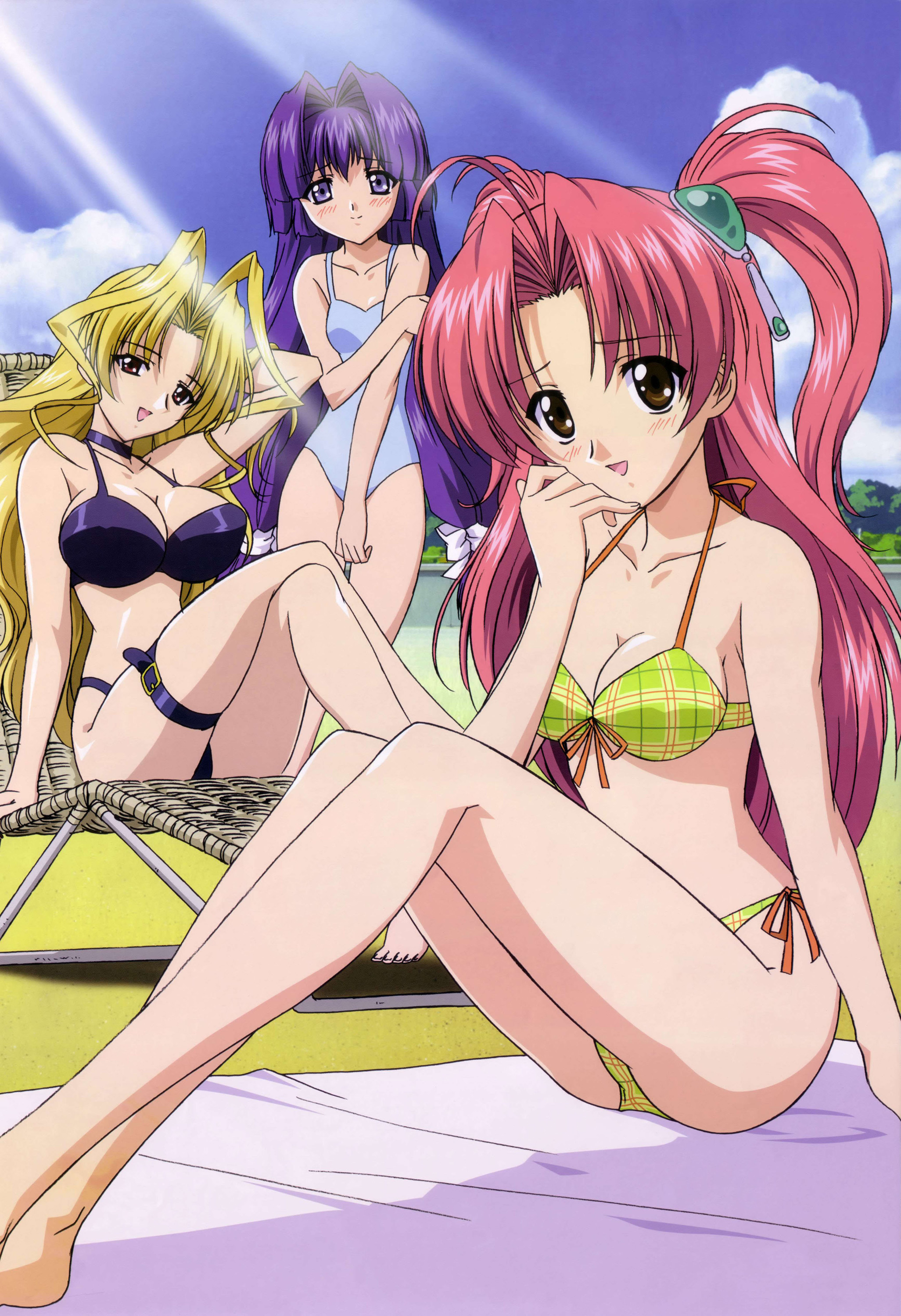 kamishiro rin, kazetsubaki kuriko, miyama yuuna, maburaho, absurdres, highres, 00s, 3girls, bikini, blonde hair, breasts, brown eyes, casual one-piece swimsuit, choker, day, large breasts, long hair, multiple girls, one-piece swimsuit, pink hair, plaid bikini, plaid clothes, purple eyes, purple hair, red eyes, side-tie bikini bottom, sitting, swimsuit, thigh strap, very long hair