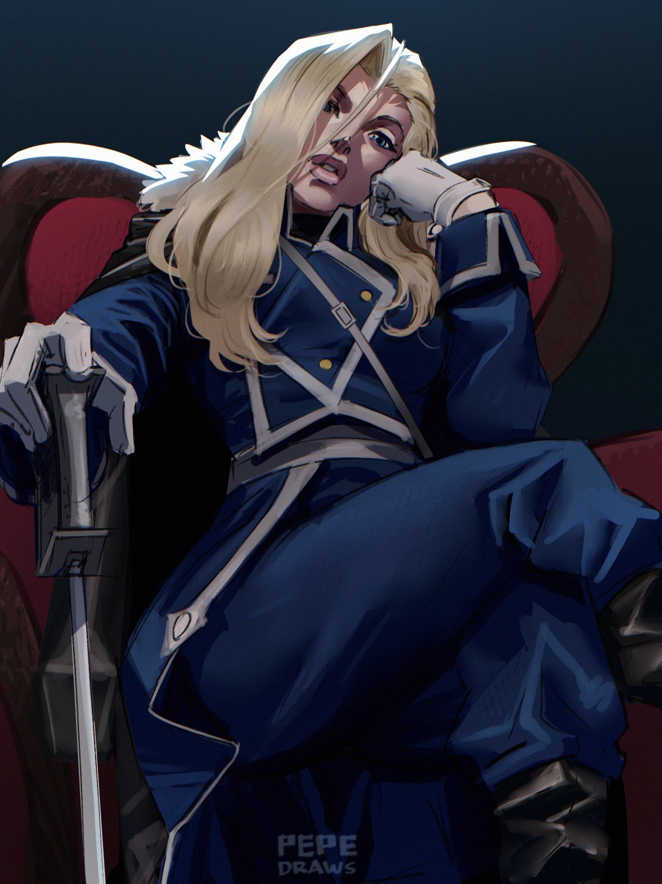 pepedraws, olivier mira armstrong, fullmetal alchemist, highres, 1girl, amestris military uniform, blonde hair, blue eyes, blue pants, crossed legs, gloves, hair over one eye, lips, long hair, military, military uniform, pants, sitting, solo, white gloves