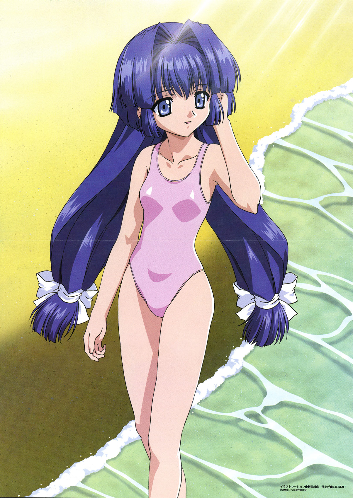 kamishiro rin, maburaho, highres, 00s, beach, blue hair, swimsuit