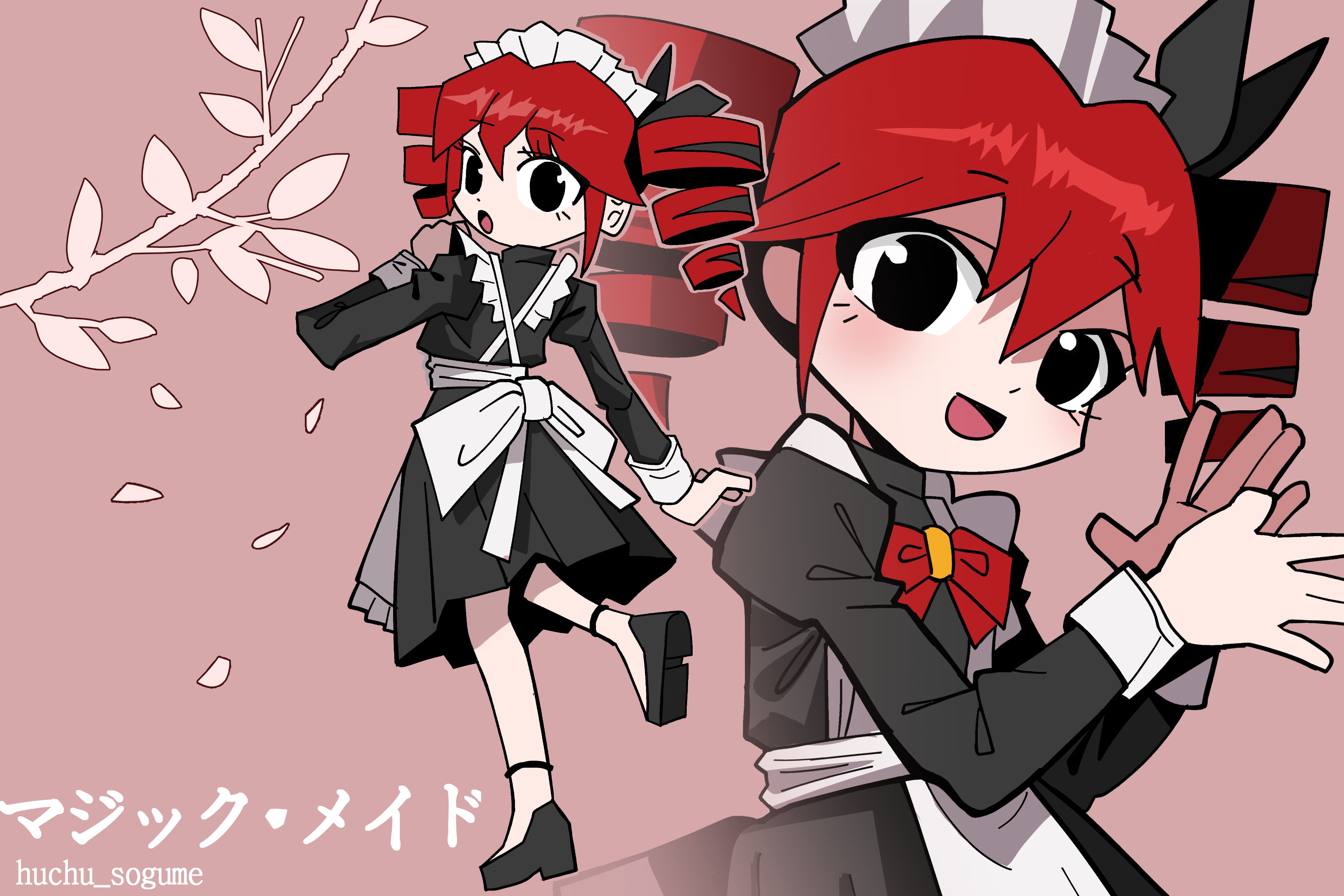 huchu (huchu sogume), kasane teto, kasane teto (sv), synthesizer v, utau, absurdres, highres, 1girl, alternate costume, apron, black dress, bow, bowtie, dress, drill hair, enmaided, long sleeves, looking at viewer, maid, maid headdress, multiple views, open mouth, red bow, red bowtie, red hair, twin drills, white apron