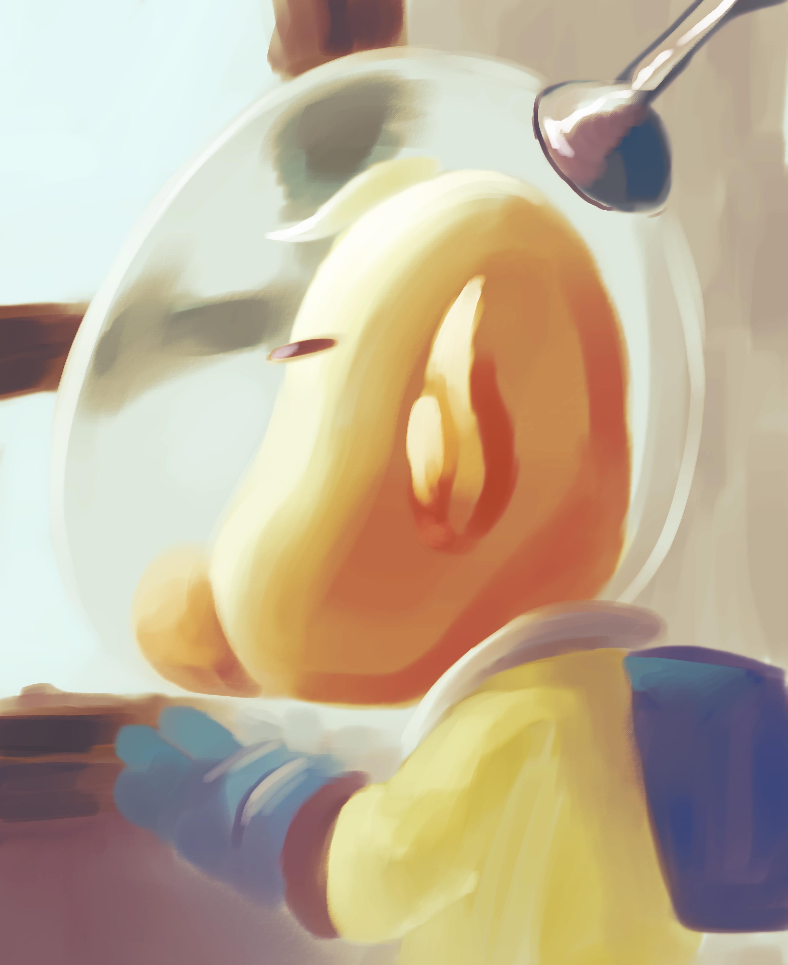 iat-418, louie (pikmin), nintendo, pikmin (series), absurdres, highres, 1boy, backpack, bag, big nose, blonde hair, blue bag, blue gloves, blue sky, closed eyes, day, from side, gloves, helmet, indoors, looking outside, male focus, outstretched hand, pointy nose, radio antenna, short hair, sky, solo, space helmet, spacesuit, upper body, very short hair, window