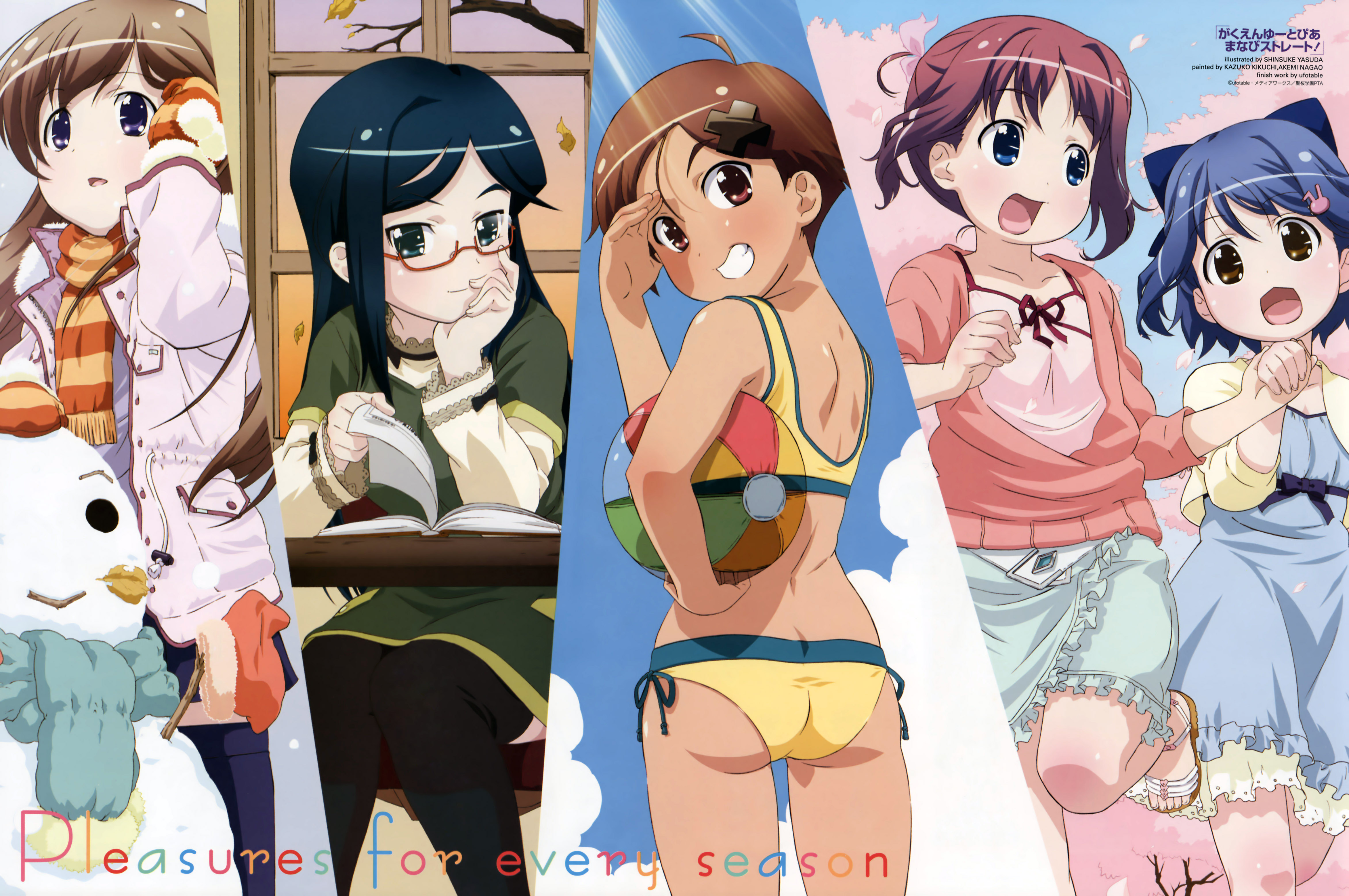 yasuda shinsuke, amamiya manami, etou mei, inamori mika, odori momoha, uehara mutsuki, gakuen utopia manabi straight!, megami magazine, black legwear, striped, absurdres, highres, scan, 00s, 5girls, :3, adjusting hair, ahoge, aqua eyes, ass, back, ball, beachball, bikini, black hair, blue eyes, blue hair, blush, book, brown eyes, brown hair, cherry blossoms, cloud, coat, desk, dress, feet, frills, glasses, grin, hair ornament, hairclip, happy, head rest, holding hands, lineup, long hair, looking back, mittens, multiple girls, open mouth, outdoors, purple hair, red eyes, running, sandals, scarf, shading eyes, short hair, side-tie bikini bottom, sitting, skirt, sky, smile, snow, snowman, sunset, swimsuit, tankini, thighhighs, window, zettai ryouiki