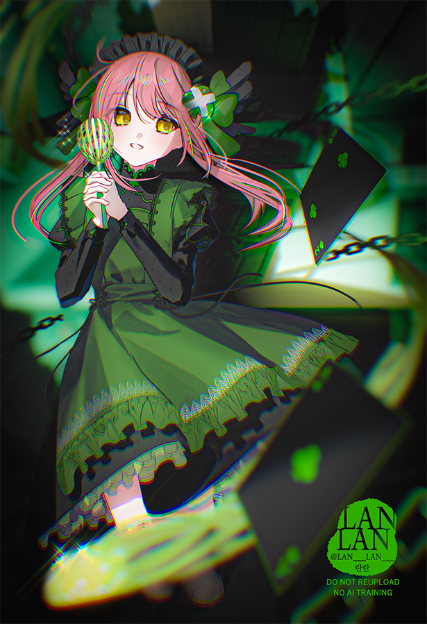 amulet clover, hinamori amu, shugo chara!, commentary request, 1girl, apron, black dress, card, chain, chromatic aberration, dress, green apron, holding, holding whisk, juliet sleeves, lan lan, long sleeves, maid headdress, parted lips, pink hair, puffy sleeves, smile, solo, twitter username, whisk, yellow eyes
