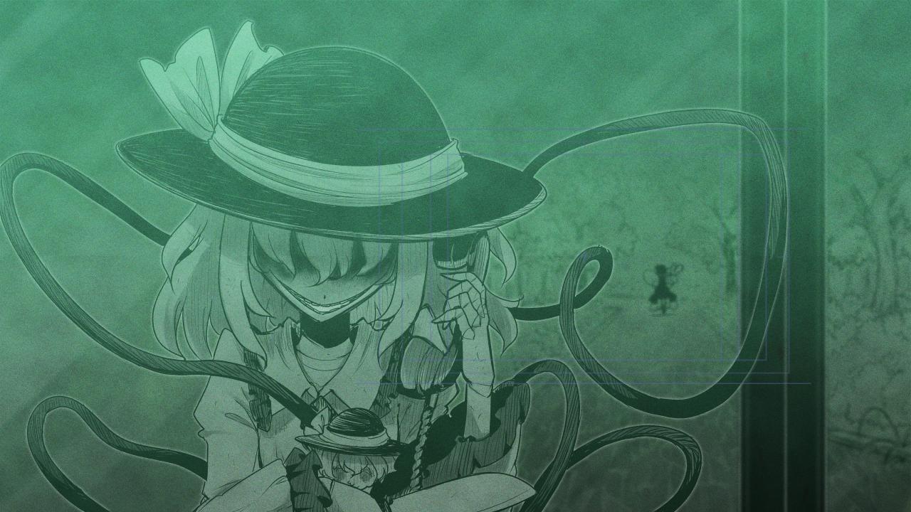 joyfull (terrace), komeiji koishi, touhou, urban legend in limbo, 1girl, bow, character doll, doll, evil grin, evil smile, faceless, faceless female, green theme, grin, hair over eyes, hat, holding, holding phone, horror (theme), monochrome, muisiki rekuiemu, no eyes, phone, shaded face, silhouette, smile, solo, upper body, wide smile