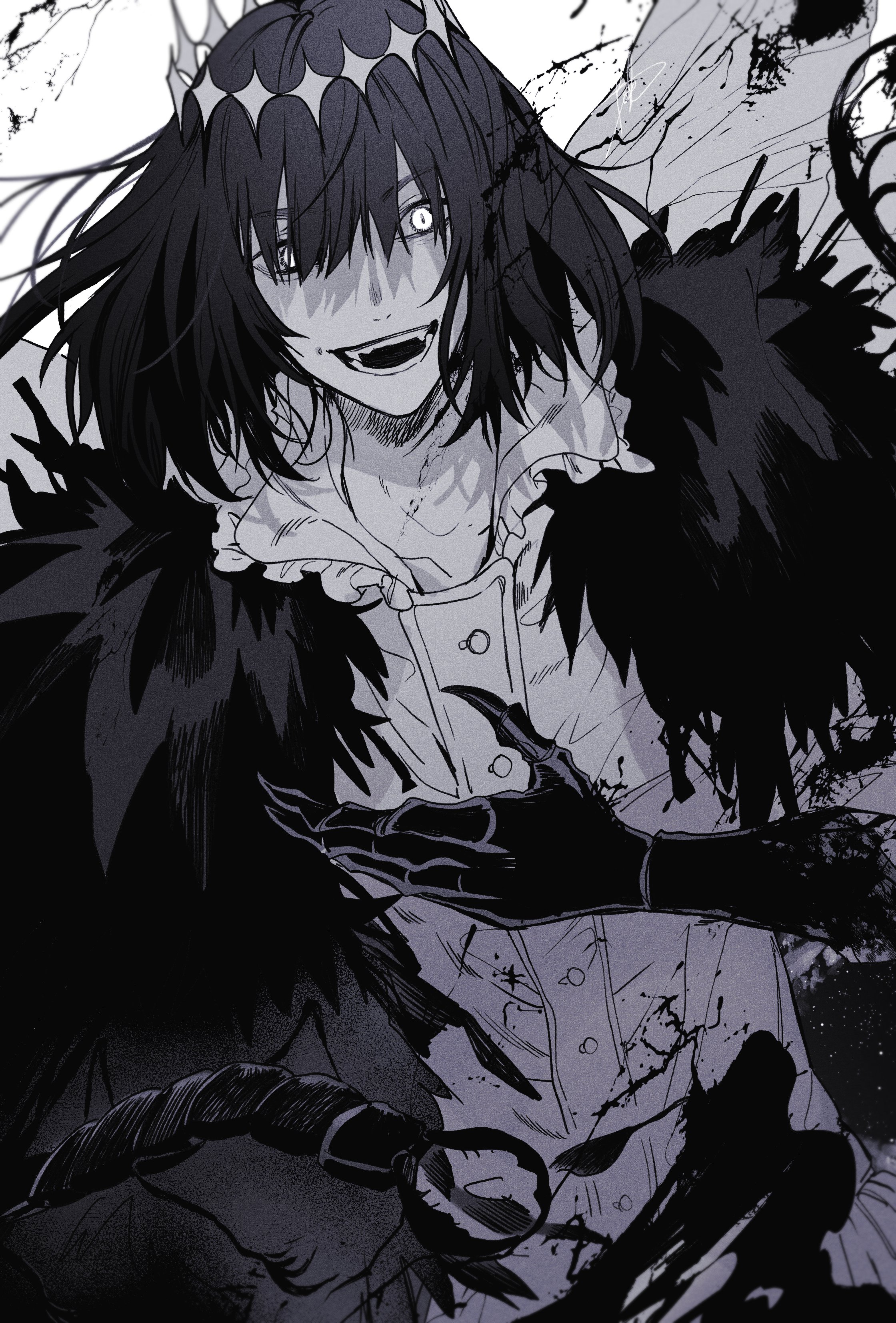 ryousuke (tukr5384), oberon (fate), oberon (third ascension) (fate), fate/grand order, fate (series), absurdres, highres, 1boy, black hair, bug, centipede, dragonfly wings, evil grin, evil smile, fur trim, grin, hair between eyes, looking at viewer, monochrome, shirt, short hair, smile, solo