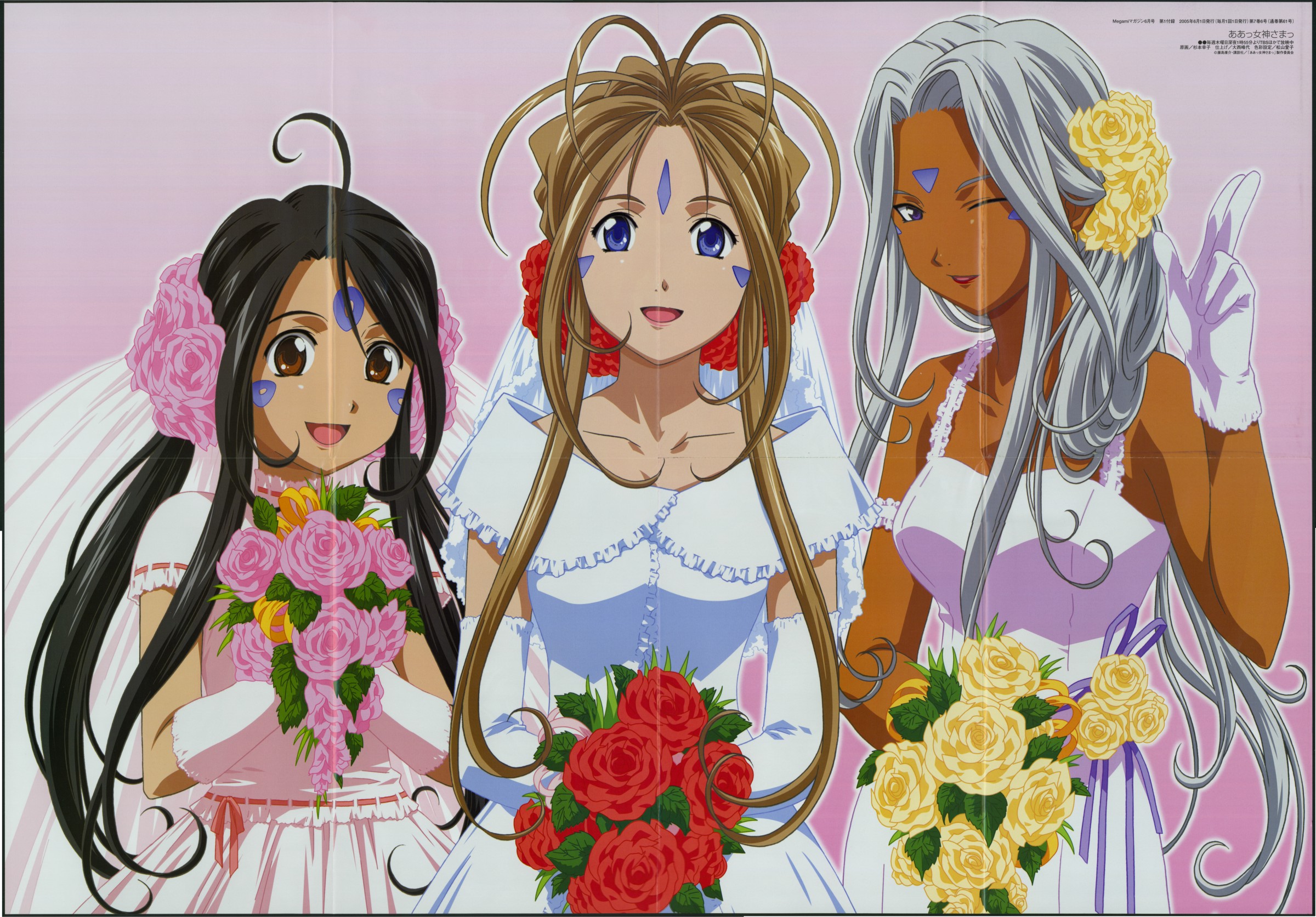 belldandy, skuld (aa megami-sama), urd (aa megami-sama), aa megami-sama, highres, official art, scan, 3girls, ;), ahoge, antenna hair, bouquet, crease, dark-skinned female, dark skin, dress, elbow gloves, facial mark, female focus, flower, forehead mark, gloves, gradient background, happy, long hair, multiple girls, one eye closed, open mouth, pink background, pink flower, pink rose, red flower, red rose, rose, siblings, simple background, sisters, smile, tan, wedding dress, wink, yellow flower, yellow rose