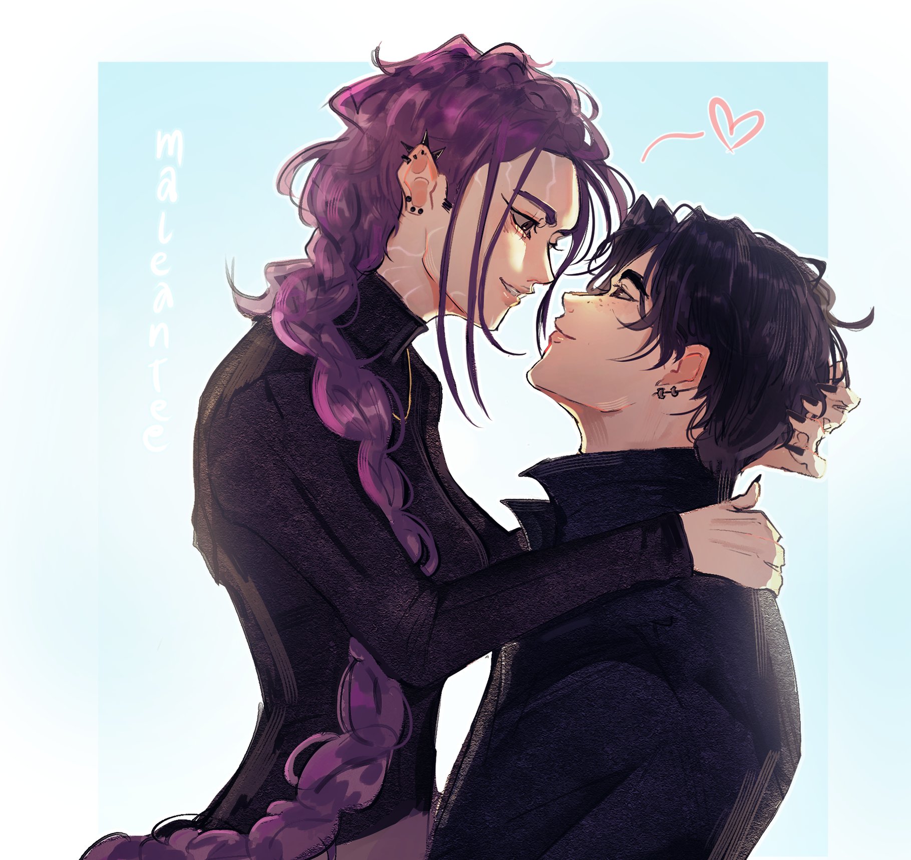 jinu (kpop demon hunters), rumi (kpop demon hunters), kpop demon hunters, commentary, english commentary, highres, 1boy, 1girl, black hair, braid, braided ponytail, earrings, facial mark, freckles, heart, jewelry, maleantee, profile, purple hair, short hair, smile, upper body