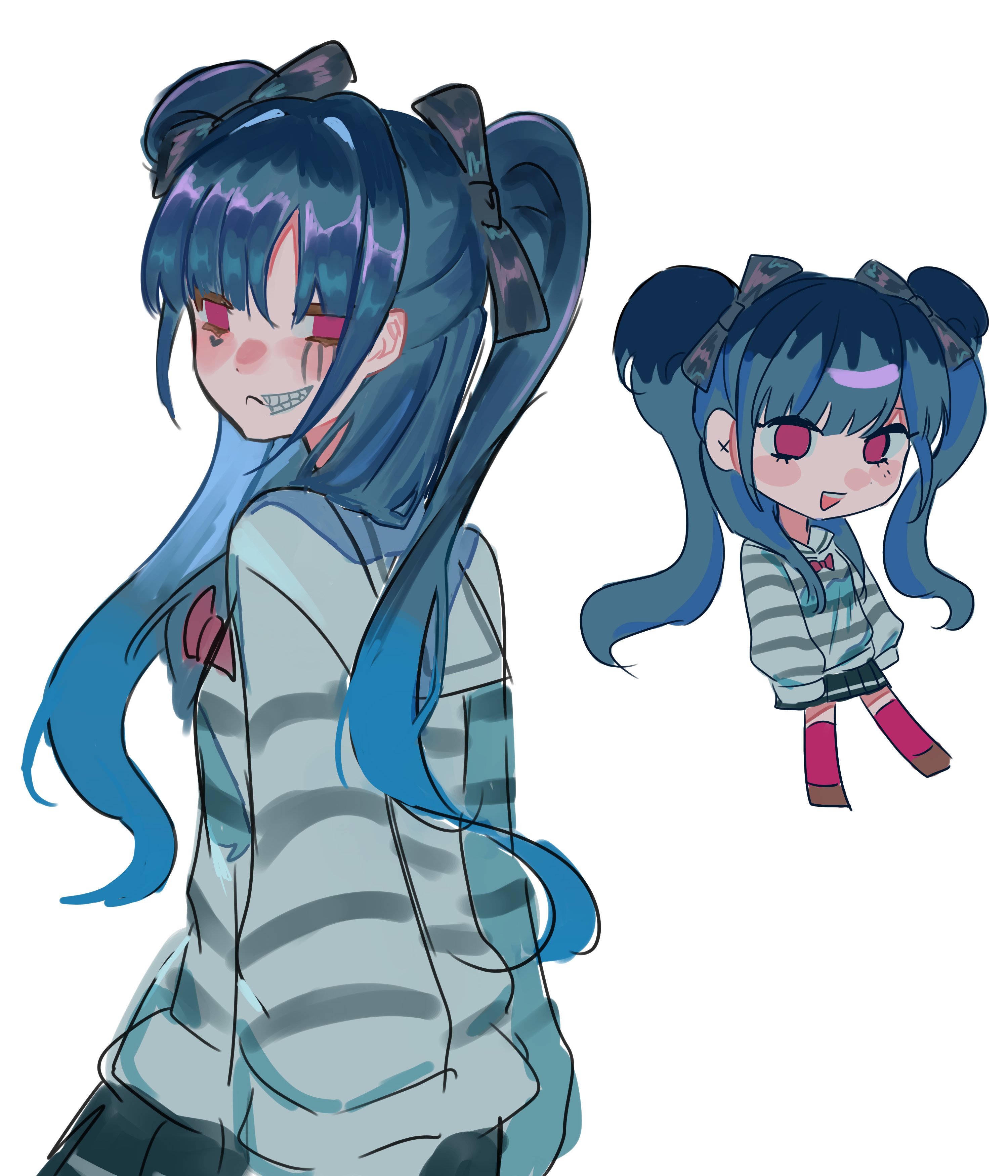 amemiya darumi, the hundred line -last defense academy-, 1girl, black bow, black hair, blue hair, bow, chibi, long sleeves, looking at viewer, multiple views, open mouth, otomegmefoxy, pink eyes, pink thighhighs, pleated skirt, shirt, skirt, striped clothes, striped shirt, thighhighs, turning head, twintails, upper body, white background