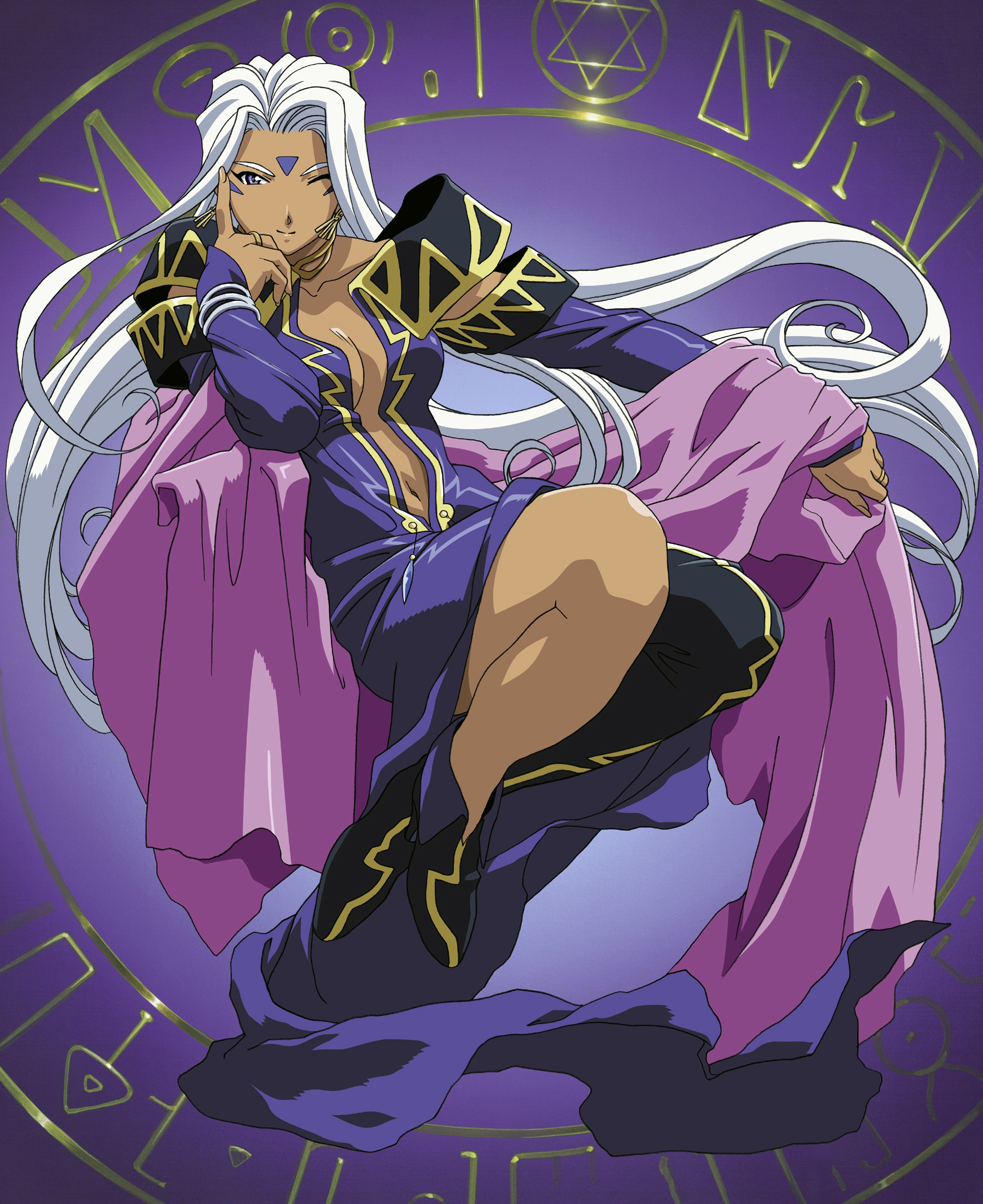 urd (aa megami-sama), aa megami-sama, absurdres, highres, tagme, 1girl, breasts, cleavage, facial mark, female focus, forehead mark, long hair, one eye closed, purple eyes, solo, white hair, wink