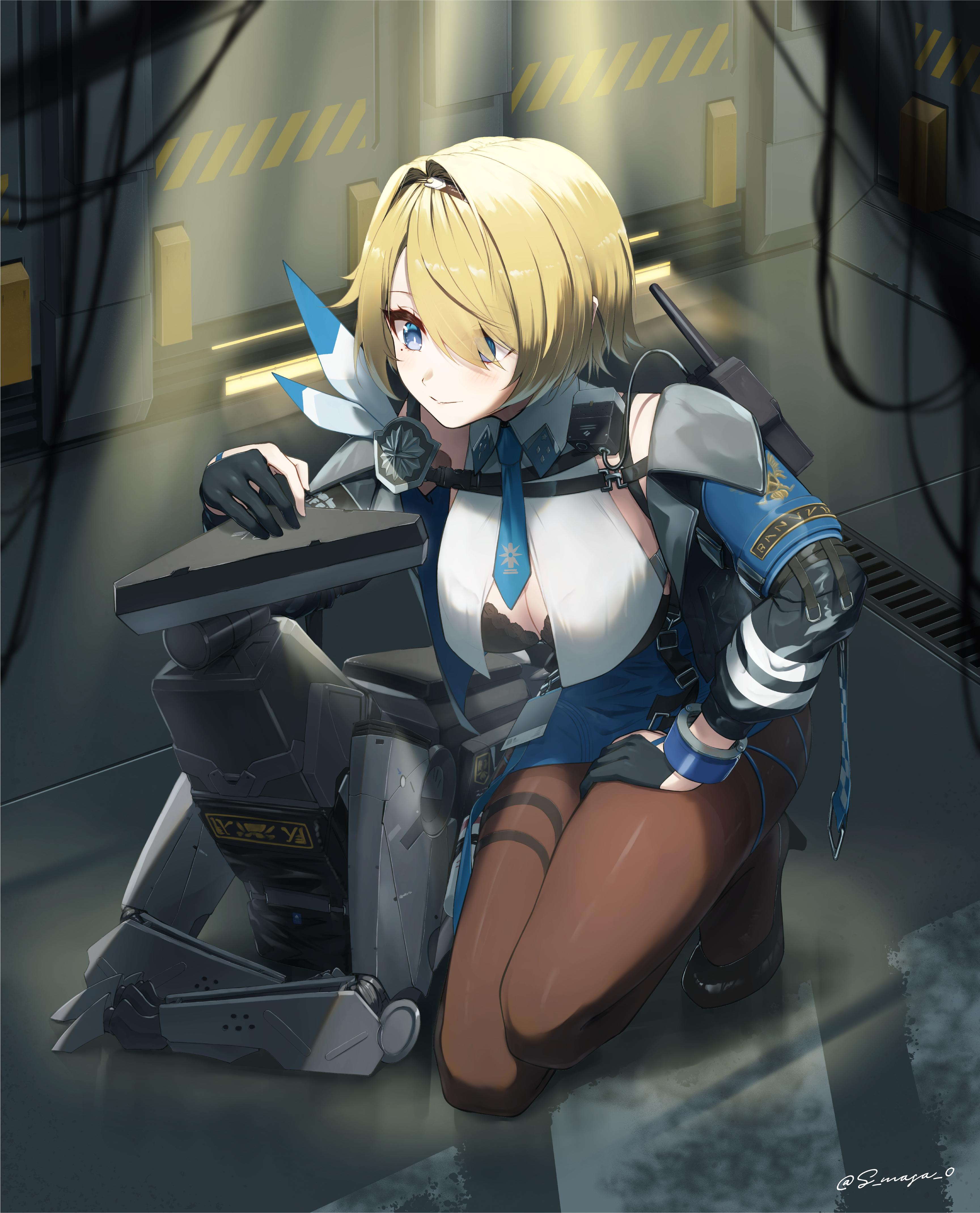 s-masa 7131, nikketa (girls' frontline 2), vsk-94 (girls' frontline), girls' frontline, girls' frontline 2: exilium, absurdres, highres, 1girl, artist name, black bra, black gloves, black hairband, black jacket, black pantyhose, black shoes, blonde hair, blue eyes, blue necktie, blue skirt, blush, bra, breasts, cleavage, gloves, hair intakes, hair over one eye, hairband, high heels, indoors, jacket, kulich (girls' frontline 2), looking at another, mole, mole under eye, necktie, non-humanoid robot, open clothes, open jacket, pantyhose, petting, robot, robot animal, robot dog, shoes, short hair, short necktie, skirt, squatting, underwear