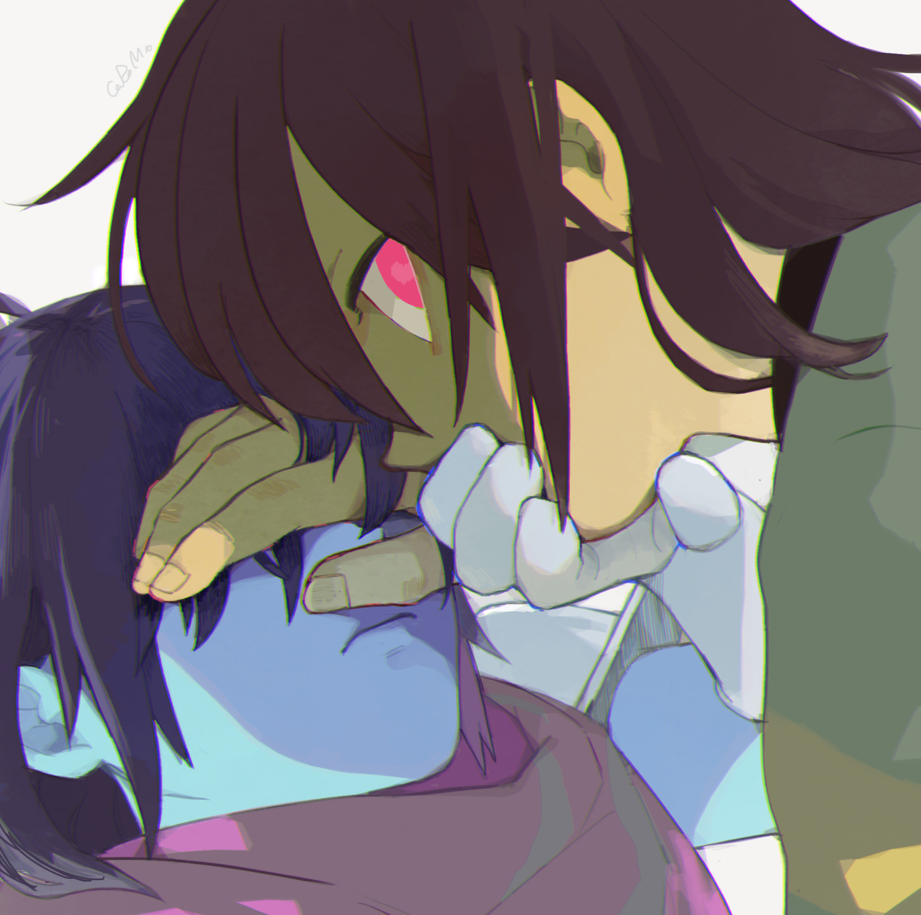 corogarucoromo, kris (dark world) (deltarune), kris (deltarune), deltarune, utdr (toby fox), highres, 2others, black hair, blue skin, brown hair, colored skin, covering another's eyes, covering another's mouth, dual persona, gloves, looking at viewer, multiple others, other focus, red eyes, short hair, yellow skin