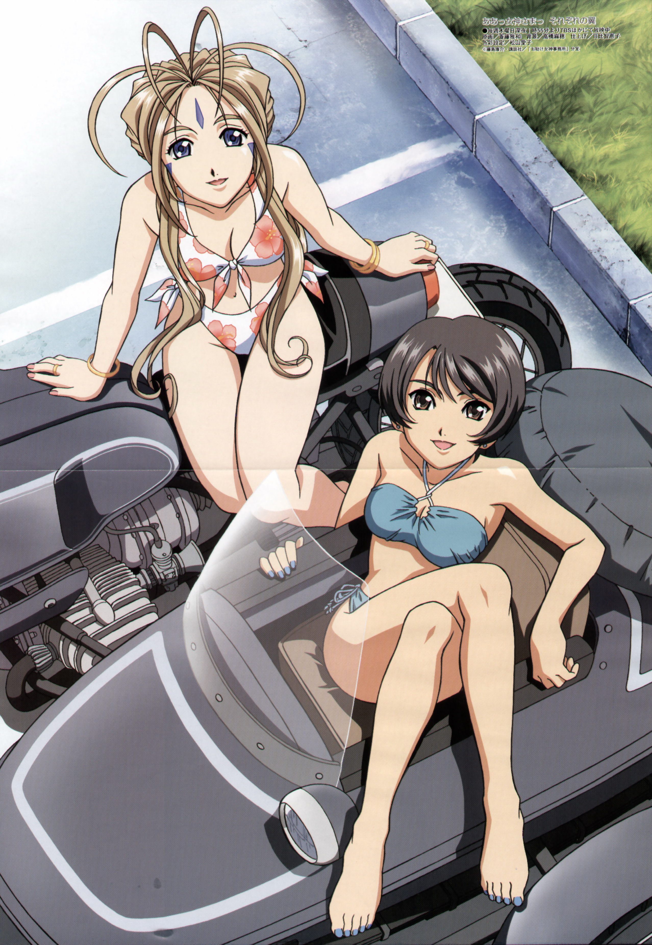 belldandy, fujimi chihiro, aa megami-sama, absurdres, highres, scan, 2girls, bikini, crease, happy, long hair, looking at viewer, motor vehicle, motorcycle, multiple girls, outdoors, short hair, side-tie bikini bottom, sidecar, smile, swimsuit