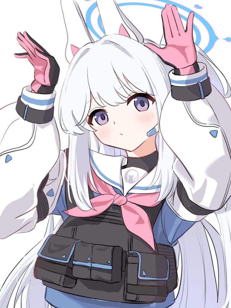tobimatsu mutsutarou, miyako (blue archive), blue archive, commentary request, 1girl, animal ears, blue halo, blue shirt, bulletproof vest, fake animal ears, gloves, halo, hands up, long hair, looking at viewer, neckerchief, pink gloves, pink neckerchief, purple eyes, rabbit ears, rabbit pose, sailor collar, school uniform, serafuku, shirt, sidelocks, simple background, solo, upper body, white background, white hair, white sailor collar