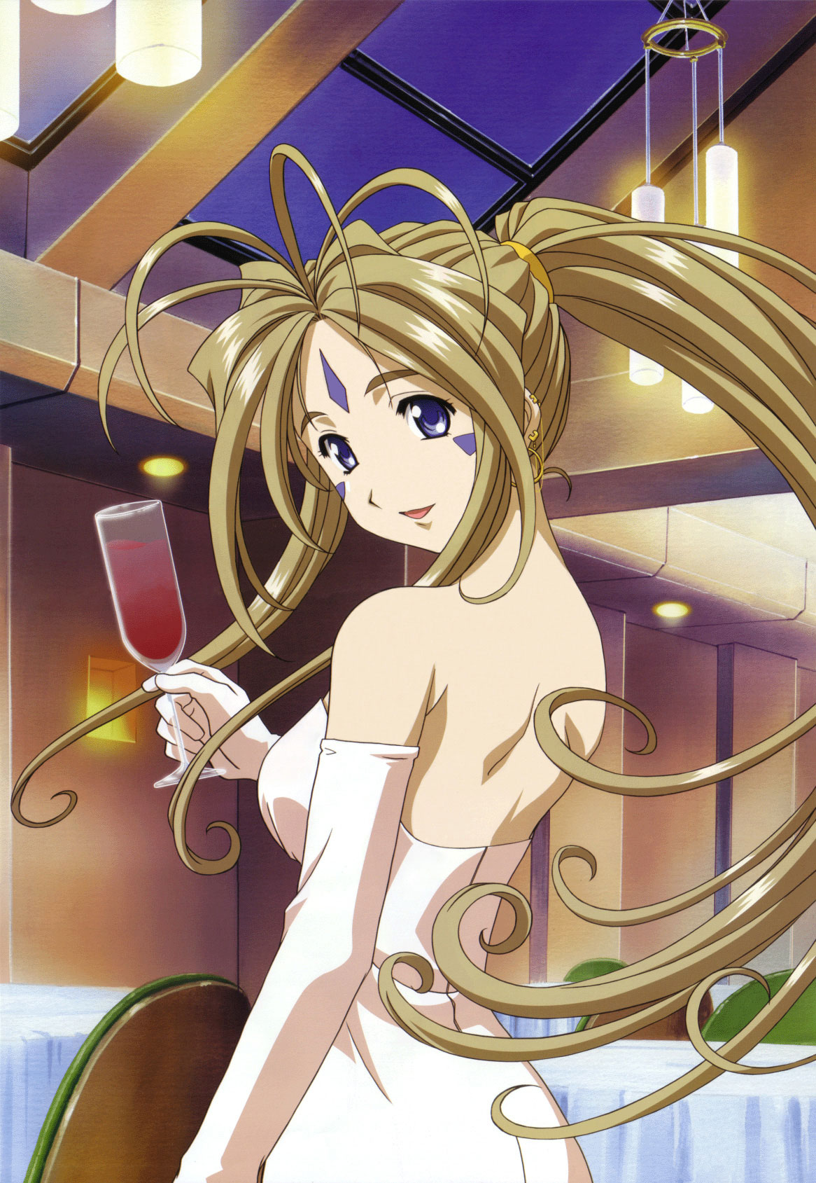 belldandy, aa megami-sama, highres, 1girl, alcohol, blue eyes, facial mark, female focus, forehead mark, indoors, long hair, looking at viewer, looking back, ponytail, solo, very long hair, wine