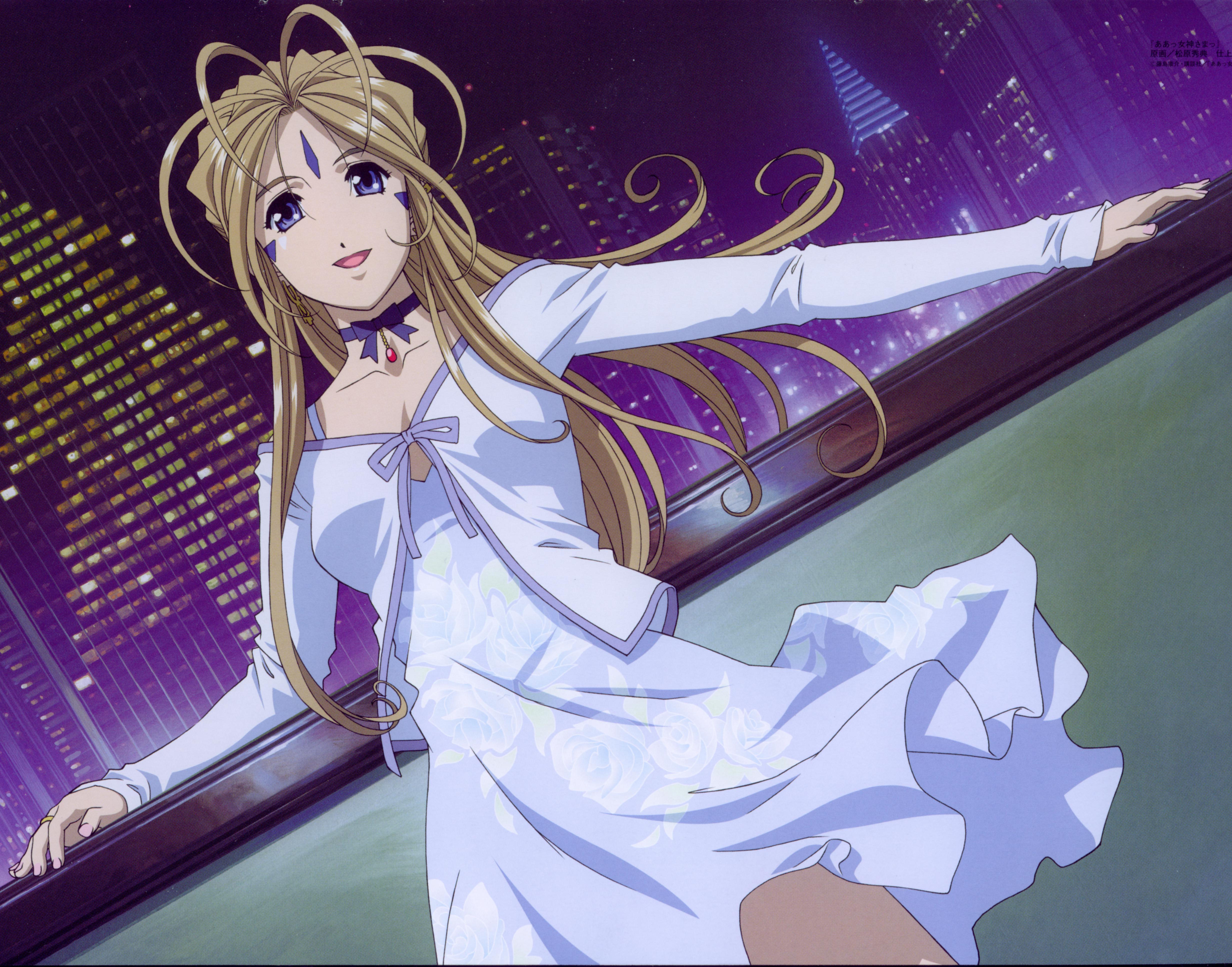 belldandy, aa megami-sama, absurdres, artist request, highres, official art, 1girl, building, city, dress, dutch angle, facial mark, female focus, forehead mark, jewelry, looking at viewer, nail polish, neck ribbon, night, open mouth, outdoors, ribbon, ring, skyline, skyscraper, smile, solo