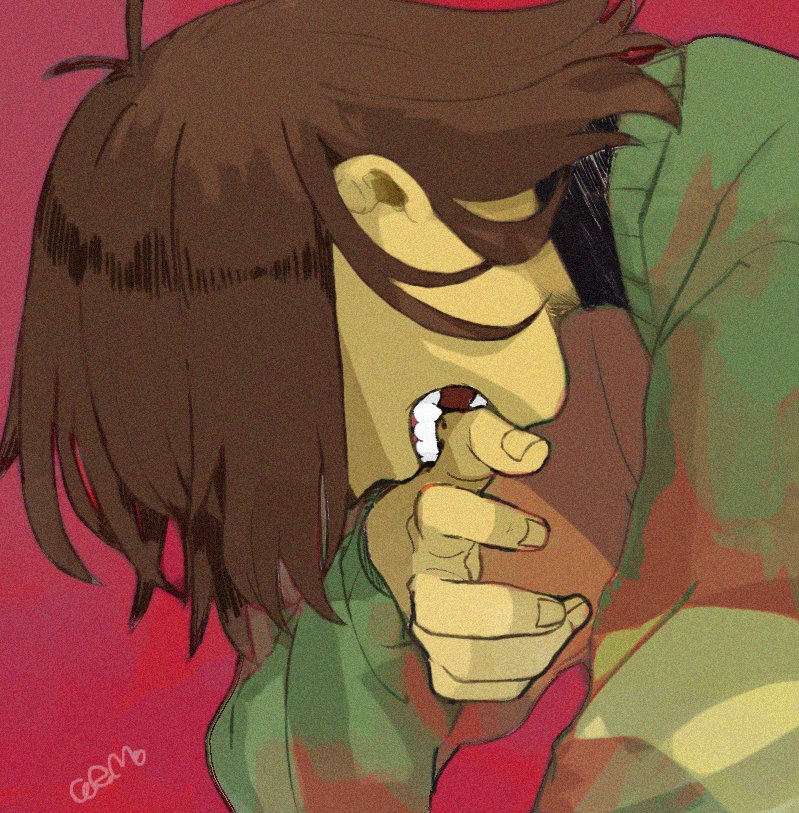corogarucoromo, kris (deltarune), deltarune, utdr (toby fox), 1other, biting own hand, brown hair, colored skin, green sweater, hair over eyes, other focus, red background, short hair, signature, solo, sweater, teeth, weird route (deltarune), yellow skin