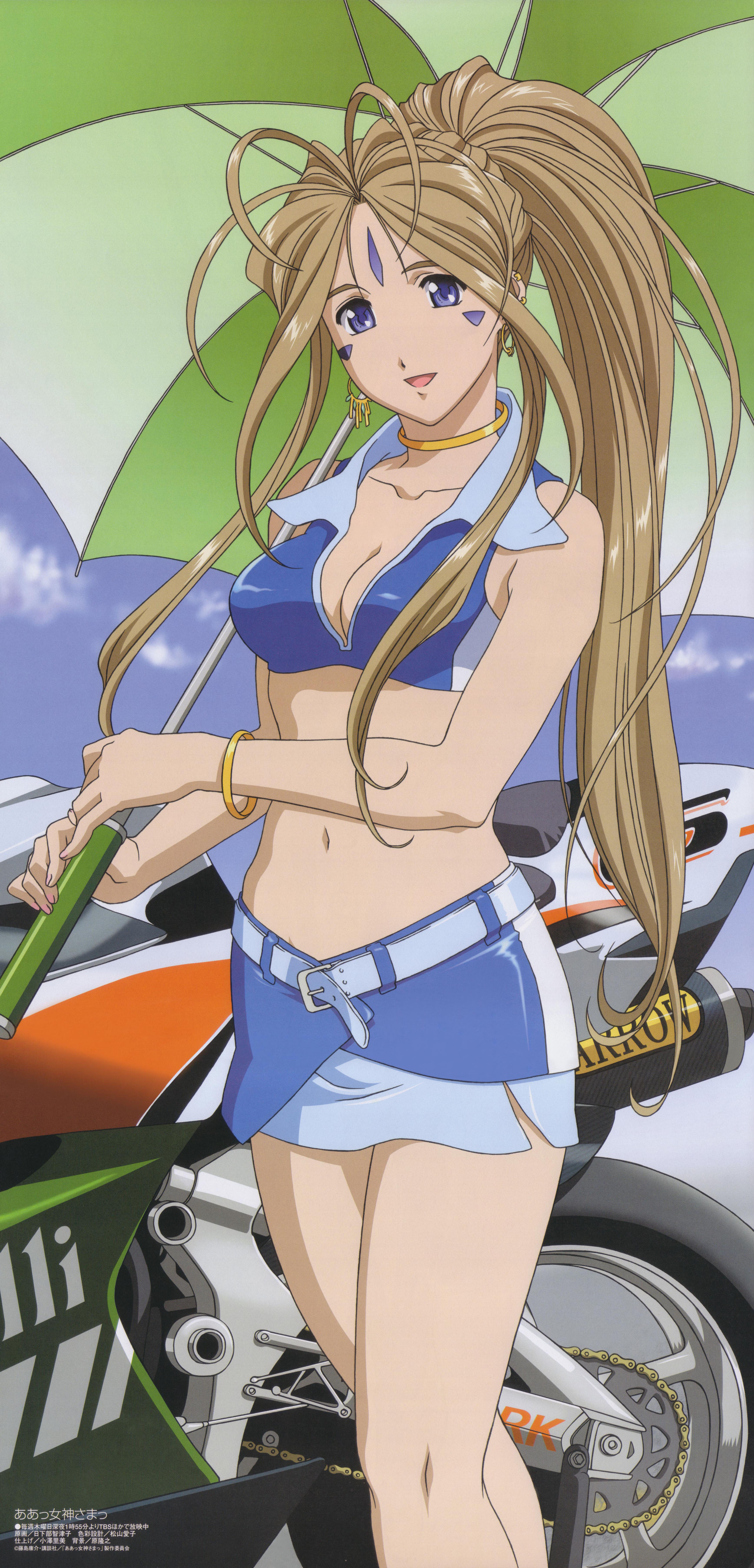kusakabe chizuko, belldandy, aa megami-sama, absurdres, highres, scan, 1girl, antenna hair, belt, blue eyes, bracelet, breasts, brown hair, cleavage, crop top, earrings, facial mark, female focus, forehead mark, jewelry, long hair, midriff, miniskirt, necklace, outdoors, race queen, skirt, sky, smile, solo, umbrella, very long hair