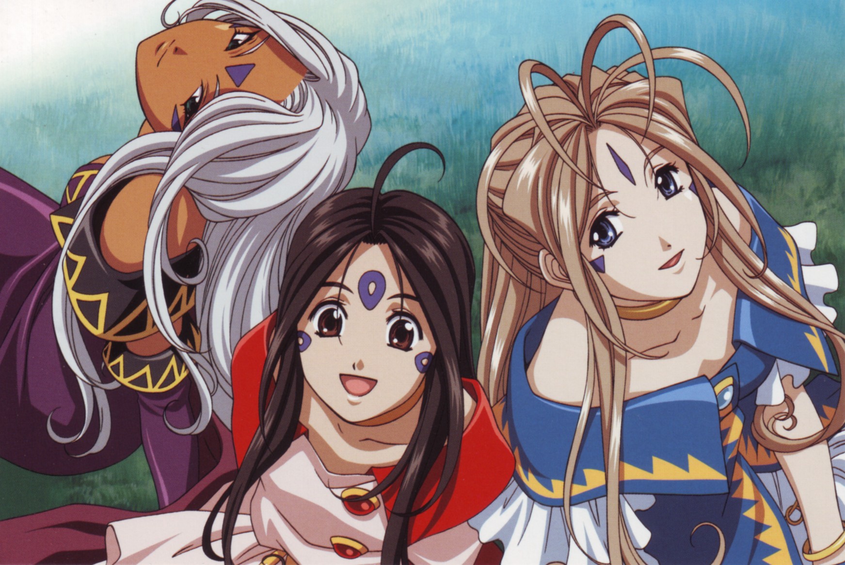 belldandy, skuld (aa megami-sama), urd (aa megami-sama), aa megami-sama, olm, highres, tagme, 3girls, facial mark, forehead mark, long hair, multiple girls, siblings