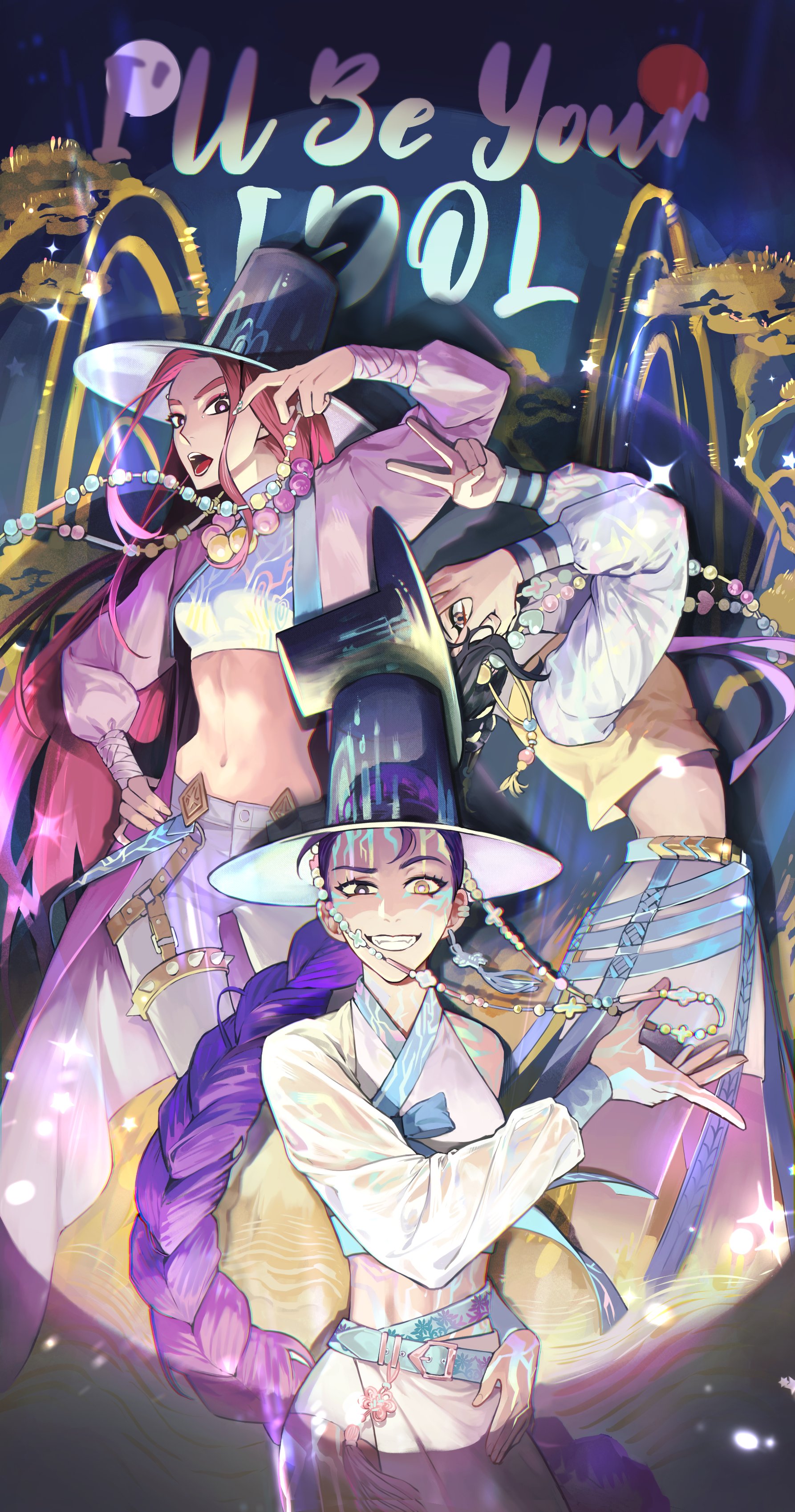 mira (kpop demon hunters), rumi (kpop demon hunters), zoey (kpop demon hunters), kpop demon hunters, absurdres, commentary request, highres, korean commentary, 3girls, black hair, braid, braided ponytail, brown eyes, gat (hat), hanbok, hand on own hip, hat, heterochromia, korean clothes, multiple girls, navel, nyang gugu 19, pink hair, purple hair, smile, spotlight, yellow eyes