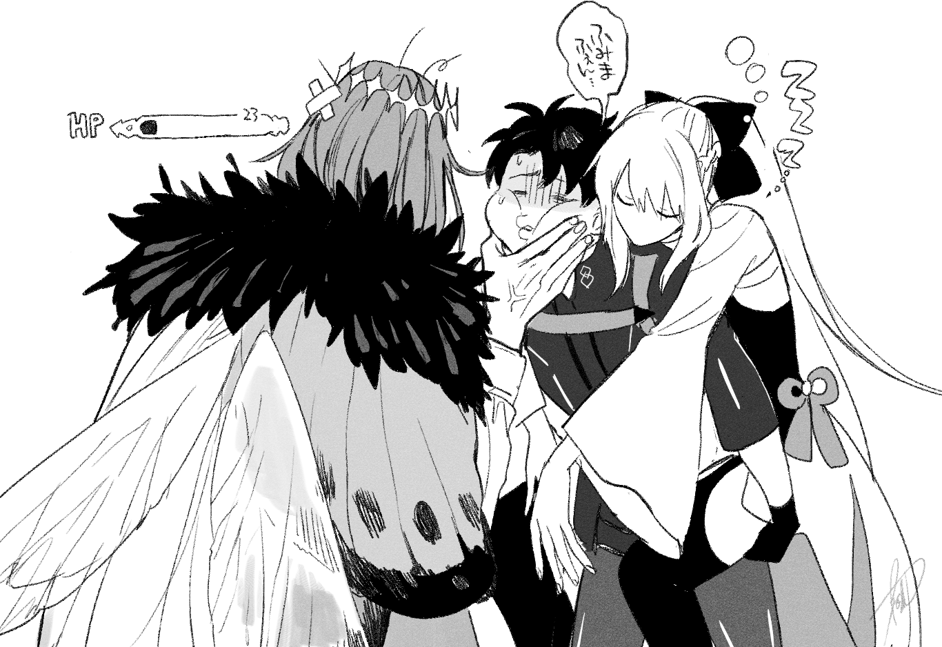ryousuke (tukr5384), fujimaru ritsuka (male), morgan le fay (fate), morgan le fay (first ascension) (fate), oberon (fate), oberon (third ascension) (fate), fate/grand order, fate (series), 1girl, 2boys, black bow, black gloves, black hair, bow, braid, closed eyes, dragonfly wings, fur trim, gloves, hair between eyes, hair bow, half up braid, long hair, long sleeves, monochrome, multiple boys, ponytail, short hair, simple background, sleeping, very long hair, white hair