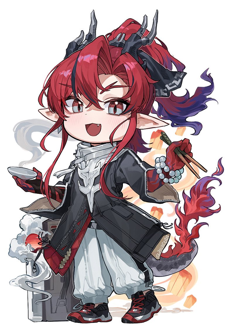kokukyukeo, yu (arknights), arknights, 1boy, :3, :d, baggy pants, black coat, black horns, black shoes, black streaks, black tail, bowl, bracelet, chibi, chopsticks, coat, collar, colored extremities, colored skin, colored tips, cross-laced shoes, crossed bangs, curtained hair, dragon boy, earrings, eastern dragon horns, eastern dragon tail, fang, fire, flame-tipped tail, full body, grey collar, grey eyes, grey horns, grey tail, high ponytail, holding, holding bowl, holding chopsticks, horns, jewelry, lantern, long hair, long sidelocks, looking at viewer, male focus, multicolored eyes, multicolored hair, multicolored horns, multicolored shoes, multicolored tail, open mouth, pants, paper lantern, parted bangs, pearl bracelet, pointy ears, ponytail, purple hair, red eyes, red hair, red hands, red shoes, red tail, shoes, sidelocks, single earring, sky lantern, sleeve zipper, slit pupils, smile, sneakers, solo, standing, tail, three-quarter sleeves, two-tone eyes, two-tone horns, two-tone shoes, white background, white pants, wide sleeves