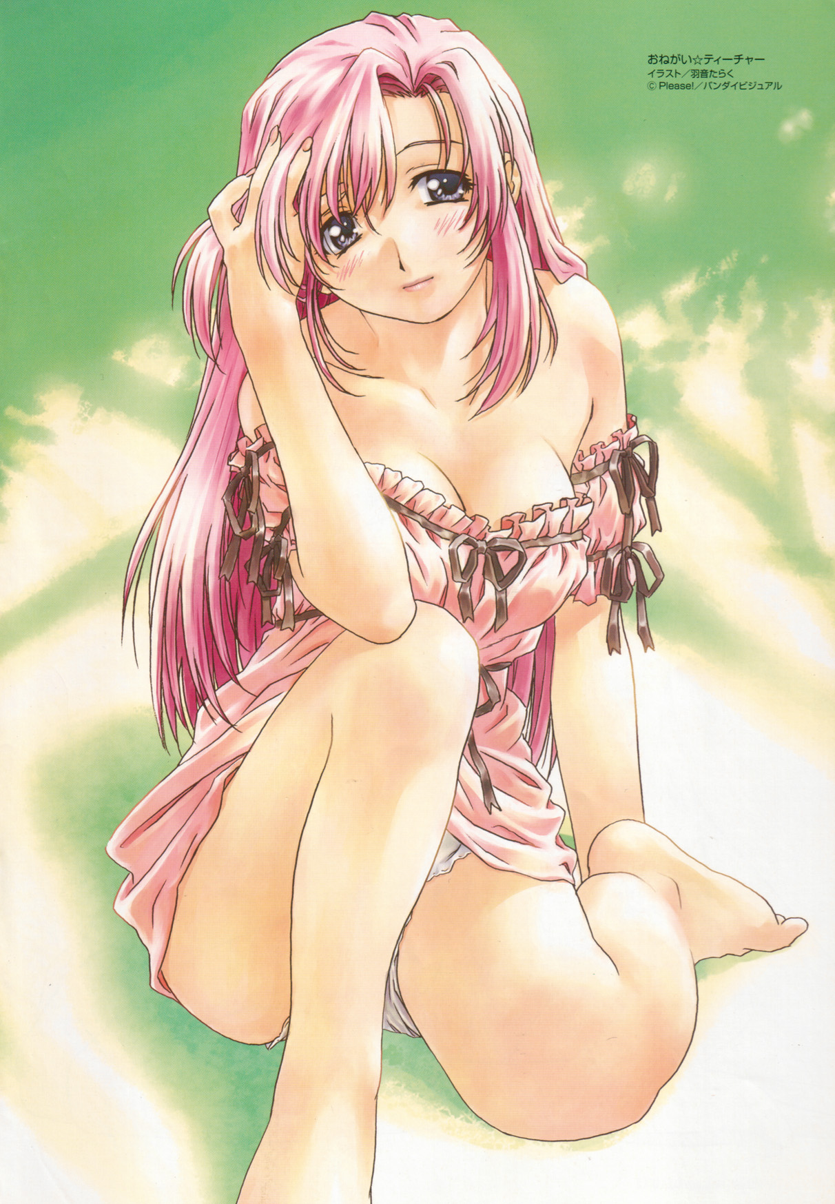 hayashiya shizuru, uon taraku, kazami mizuho, onegai teacher, highres, scan, 00s, 1girl, bare shoulders, barefoot, blush, breasts, cleavage, collarbone, feet, female focus, lingerie, long hair, looking at viewer, medium breasts, nightgown, panties, pink hair, pink nightgown, purple eyes, sitting, solo, toes, underwear, white panties