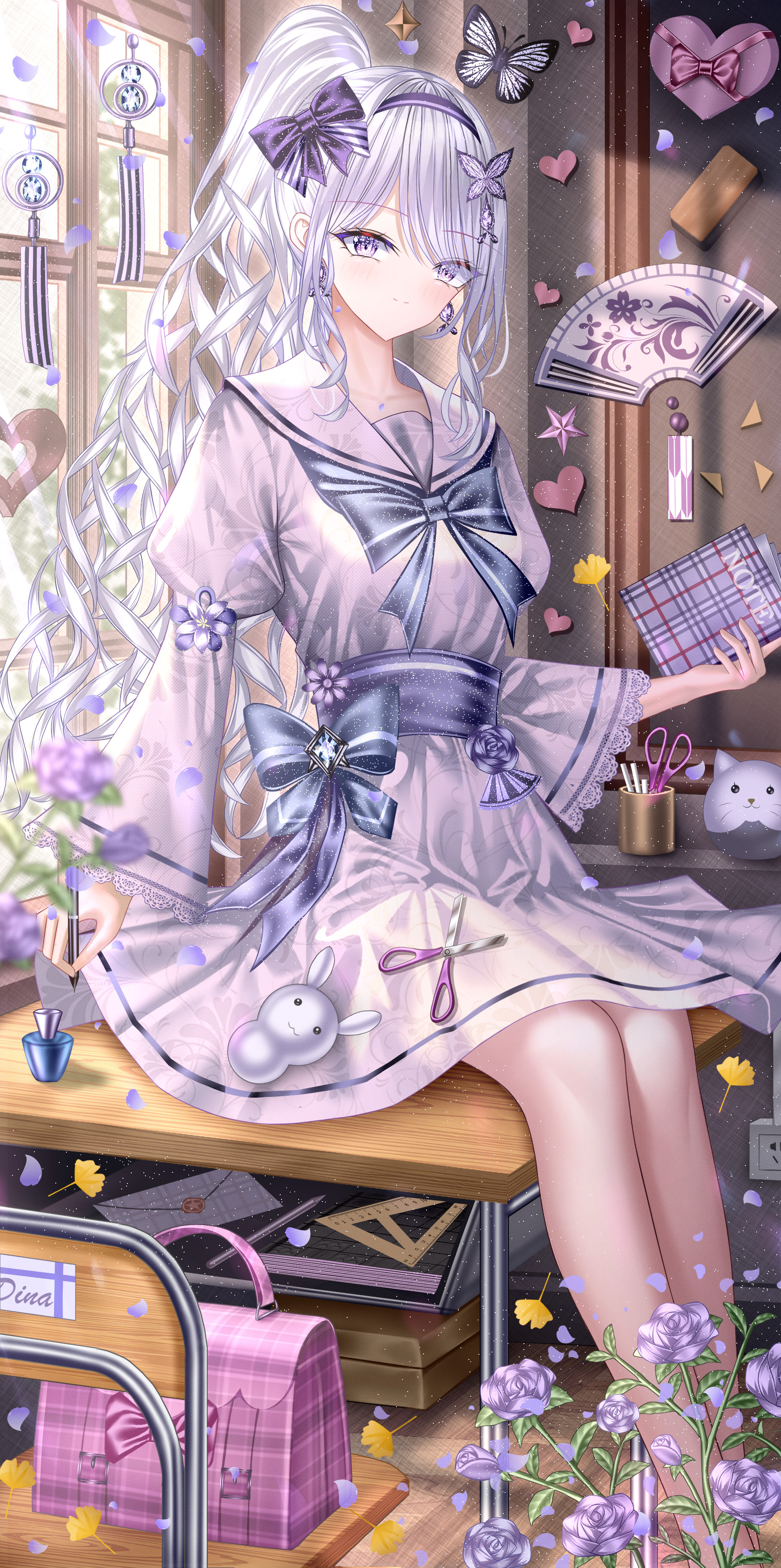 tina (tinafya), original, absurdres, commentary, highres, symbol-only commentary, 1girl, bag, black bow, black bowtie, black hairband, black sash, book, bow, bowtie, bug, butterfly, butterfly hair ornament, chair, classroom, closed mouth, day, desk, dress, dress bow, earrings, flower, grey dress, grey eyes, grey hair, grey sailor collar, hair bow, hair ornament, hair over one eye, hairband, handbag, heart, holding, holding book, holding pen, indoors, insect, jewelry, light smile, long bangs, long hair, long sleeves, looking at viewer, medium dress, on desk, parted bangs, pen, pink bag, pink flower, pink rose, ponytail, rose, sailor collar, sash, school chair, school desk, school uniform, scissors, sitting, solo, split mouth, star (symbol), wavy hair, wind chime, window, window shadow