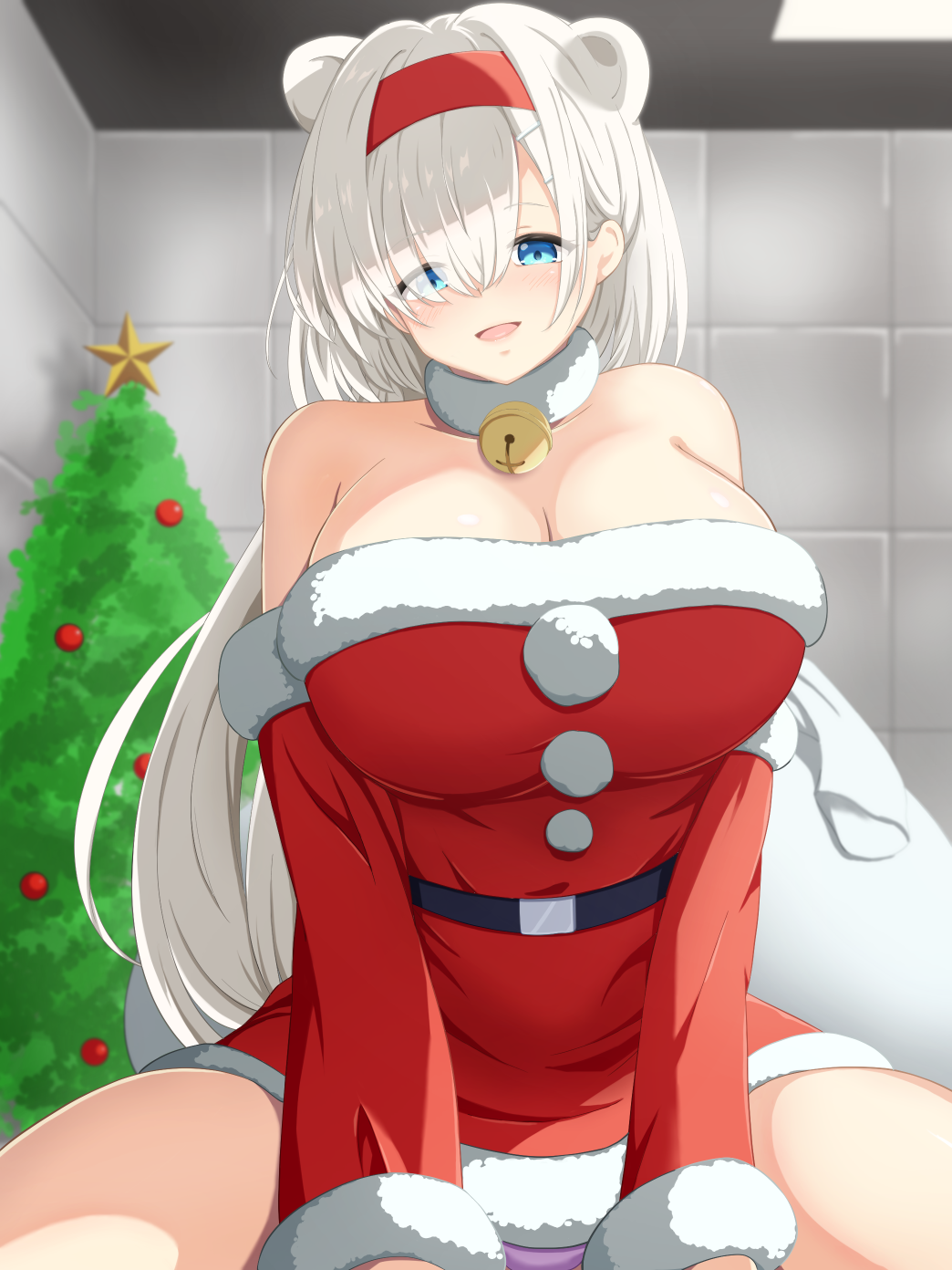 tsue (surutsue), aurora (arknights), arknights, highres, :d, animal ears, bear ears, bear girl, blue eyes, breasts, christmas tree, cleavage, cowboy shot, dress, extra ears, eyes visible through hair, fur trim, grey hair, hair over one eye, hairband, huge breasts, long hair, looking at viewer, open mouth, panties, purple panties, red dress, red hairband, santa costume, santa dress, sash, smile, strapless, strapless dress, thighs, underwear